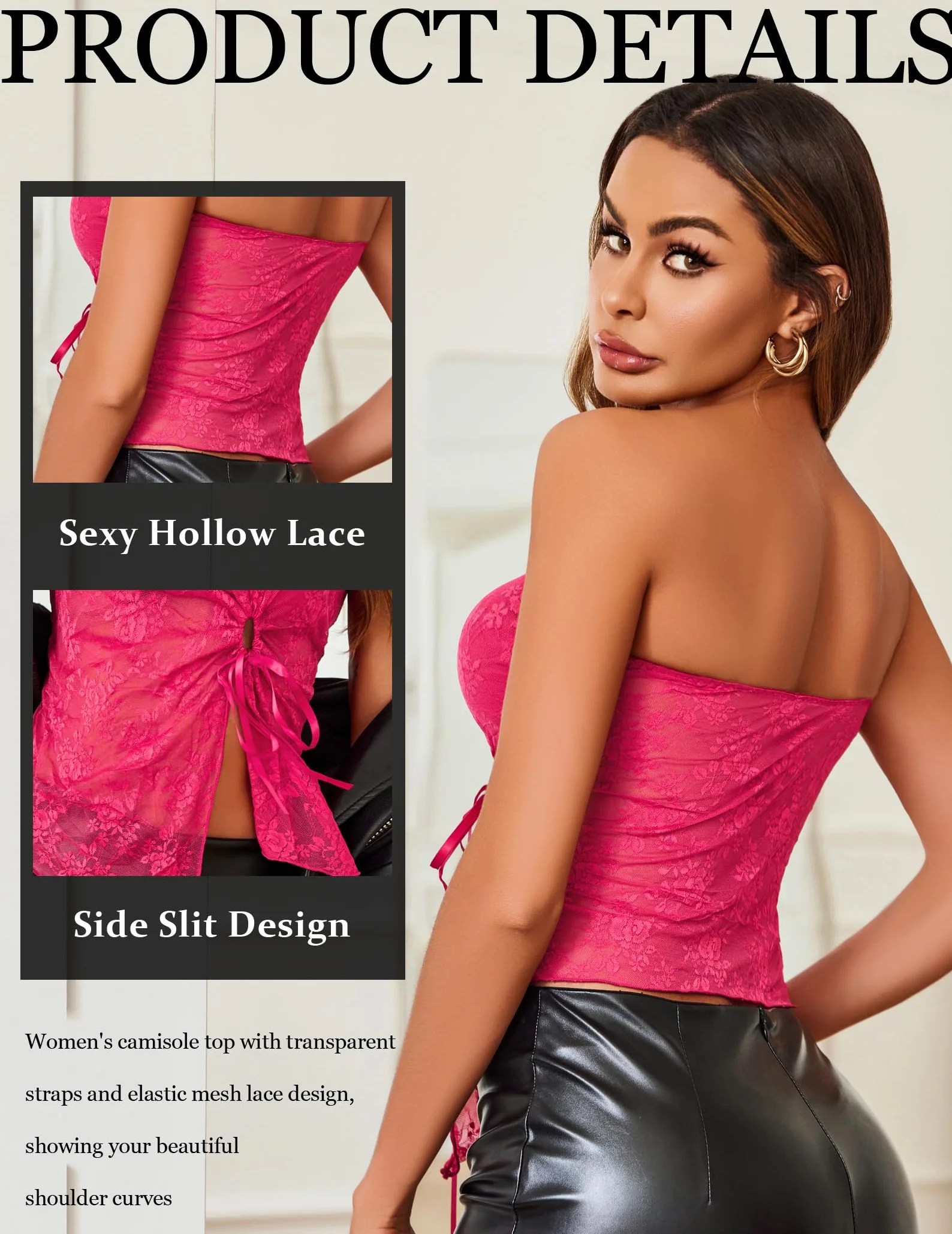 Avidlove Damski top koronkowy na lato, bez rękawów, seksowny podkoszulek typu Camisole, swobodny, bez ramiączek, bandeau, spaghetti, koronkowy top Y2k Basic