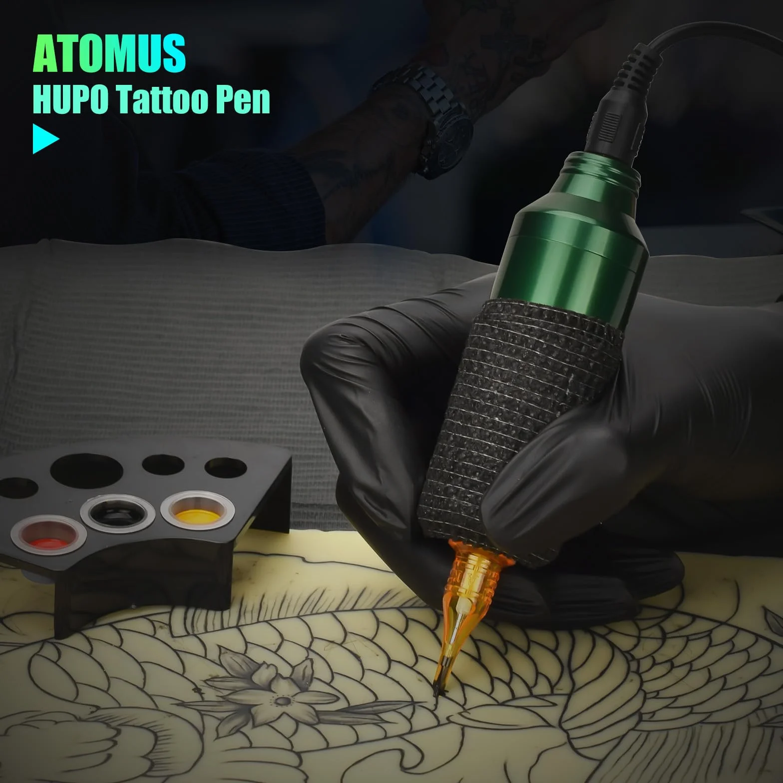 ATOMUS Professional Tattoo Pen Kit Rotary Tattoo Machine Kit 31.5mm Diameter Tattoo Gun 10pcs 3RL Cartridge Needles 50pcs M Ink cups
