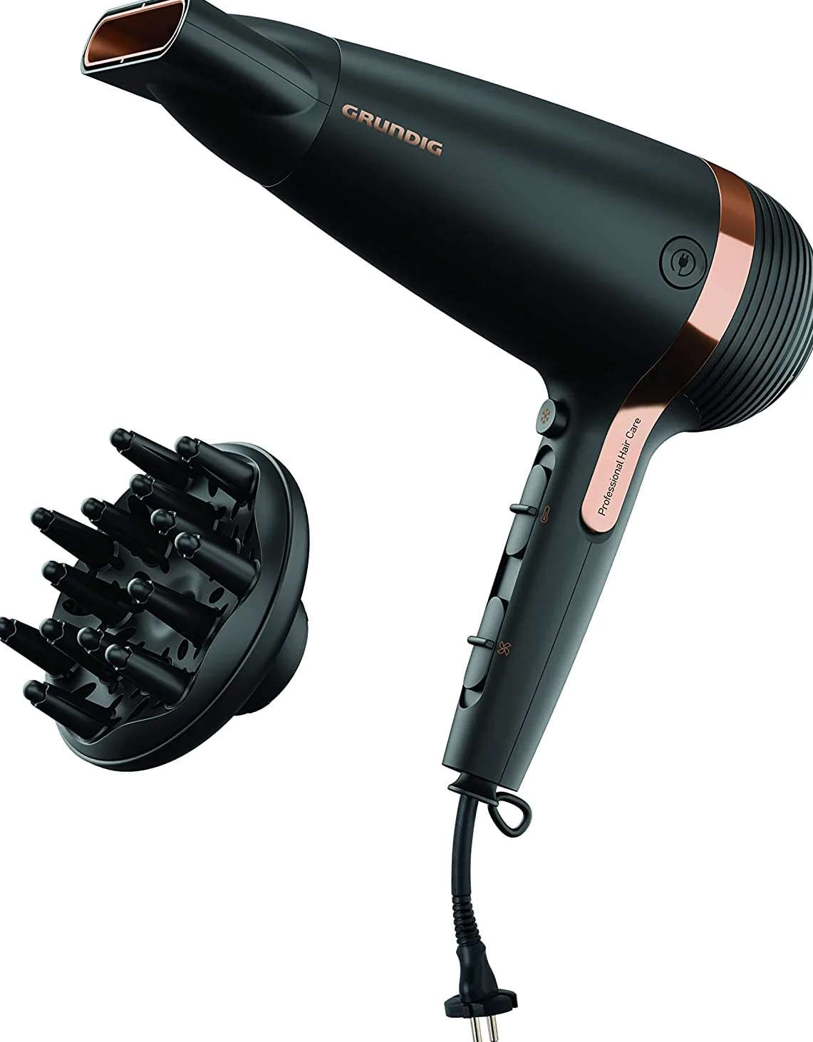 GRUNDIG Naturashine HD 7081 suszarka do włosów z funkcją joniki, ceramiczna ochrona, dysza do stylizacji Cool Touch, 2100 W, 3 poziomy temperatury i 2 poziomy przepływu powietrza, poziom zimna,