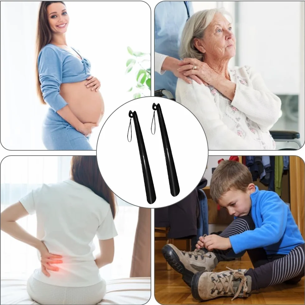 2 łyżki do butów, łyżki do butów, długie, 42 cm, z tworzywa sztucznego, z gładką powierzchnią, dla seniorów, kobiet w ciąży, dzieci i innych osób, czarne