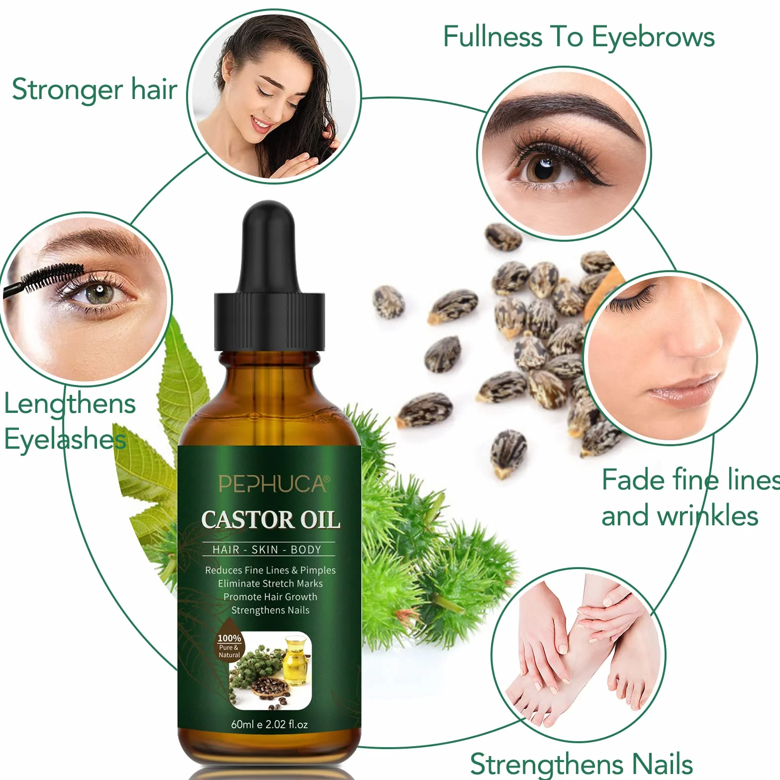 Olej rycynowy – Bio Castor Oil do włosów, rzęs, brwi, brody, paznokci, 100% czysty i naturalnie tłoczony na zimno, stosowany do wzrostu włosów, krem nawilżający i serum do rzęs, 60 ml