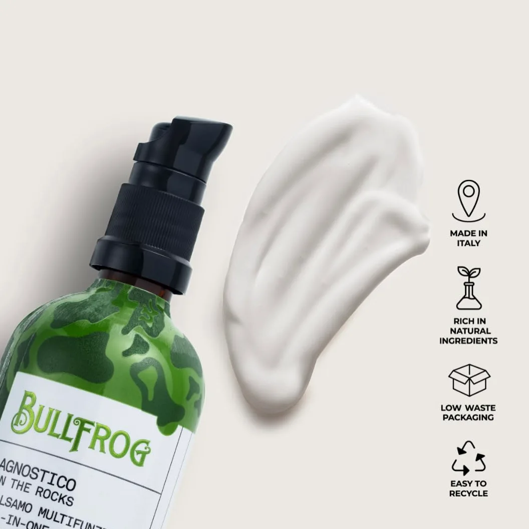 Bullfrog Agnostyk On The Rocks Wielofunkcyjna odżywka do brody i włosów, balsam do włosów i aromat, odżywia, nawilża, łagodzi skórę, chroni przed podrażnieniami, edycja limitowana, 100 ml