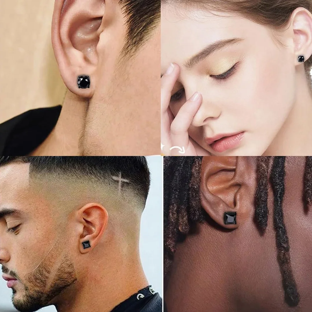 2 pary magnetycznych kolczyków ze stali nierdzewnej dla mężczyzn i kobiet unisex bez przekłuwania fałszywych magnesów zestaw kolczyków 8 mm, srebrny/czarny, M, Stal nierdzewna