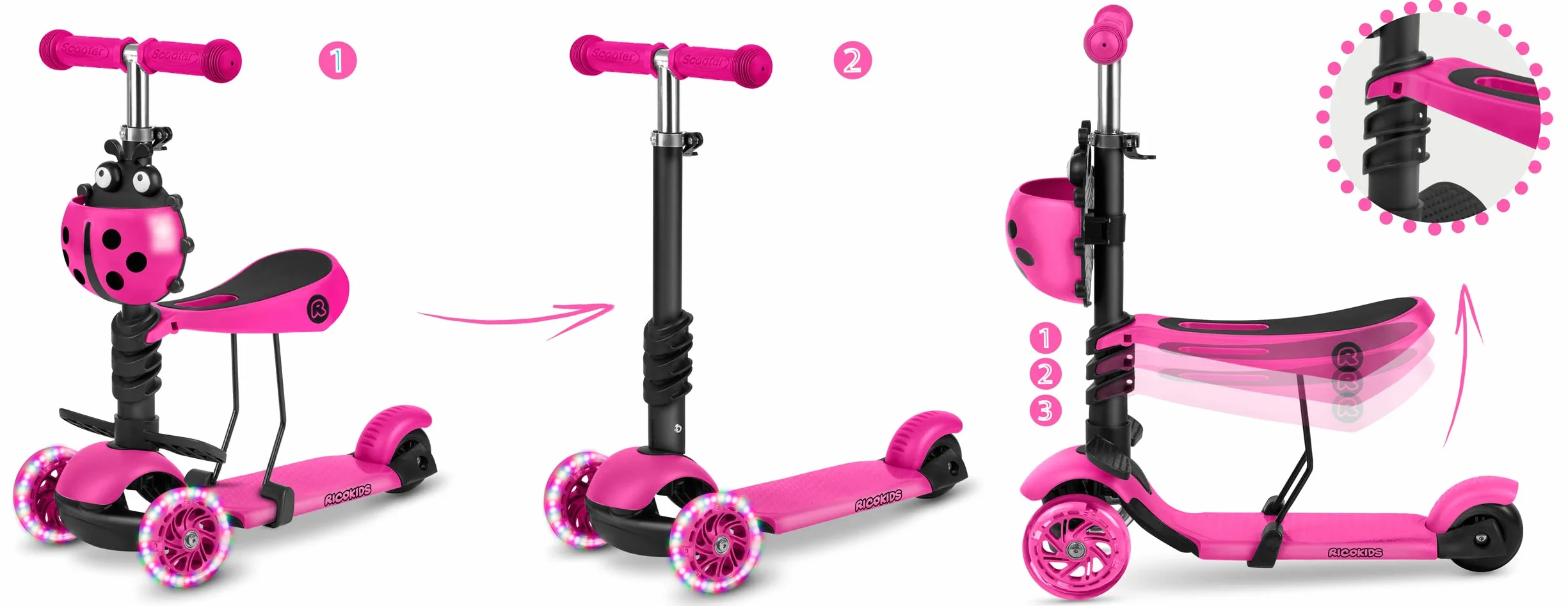 Hulajnoga trójkołowa dla dzieci 3w1 Buggy Ricokids balansowa z siedziskiem różowa