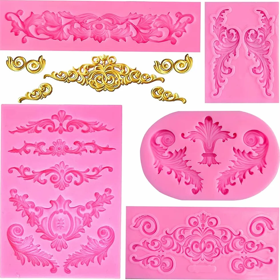 5 Pcs Baroque Fondant Molds Relief Flower Lace Mould Filigree Mold Candy Chocolate Molds for Cake Decoration Wedding Theme, DIY Cupcakes, Graduation Season, Polymer Clay Baking