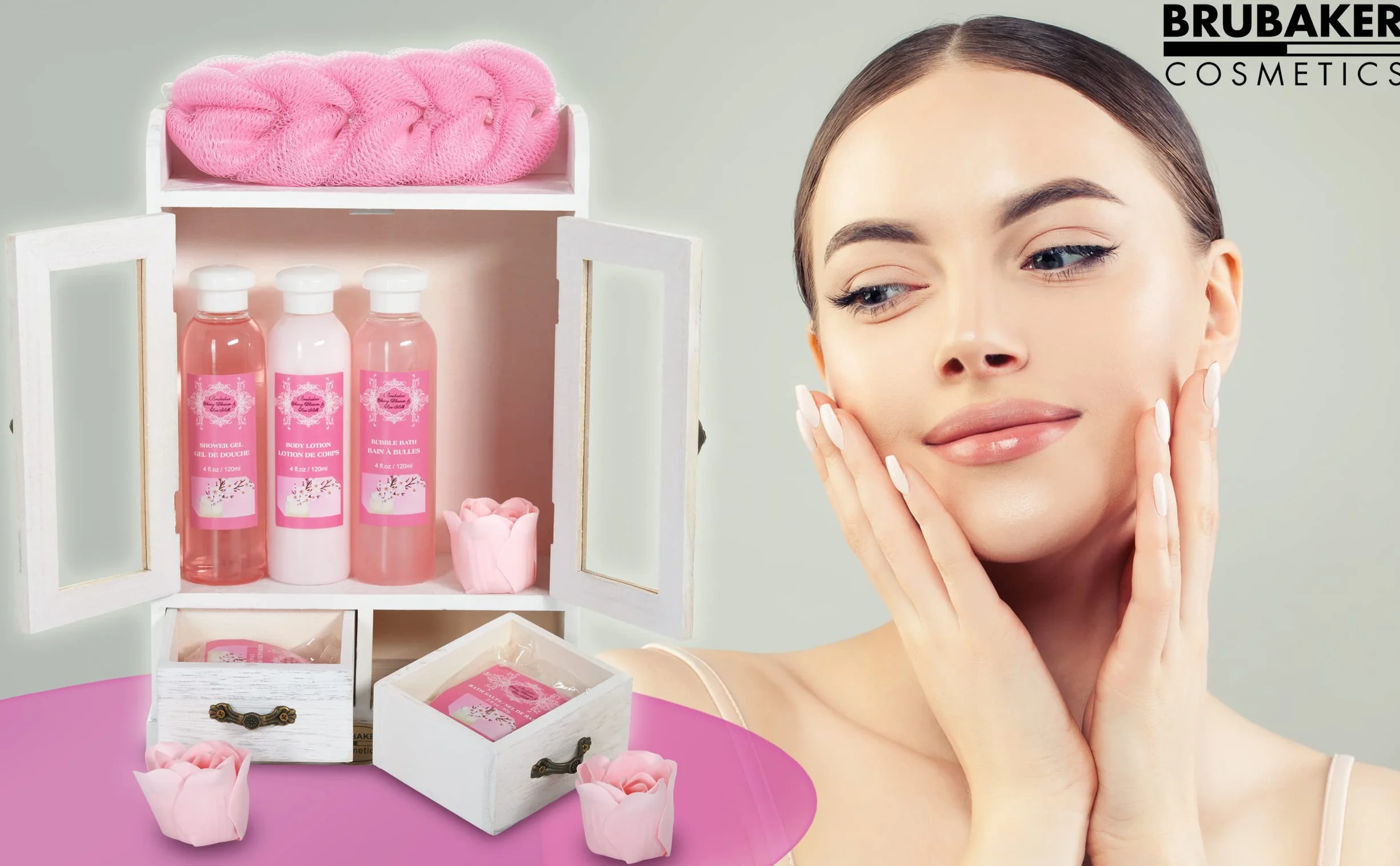 BRUBAKER Cosmetics Zestaw do Kąpieli 10-częściowy kwiat wiśni i mleko ryżowe wegański Vintage Beauty Cabinet White