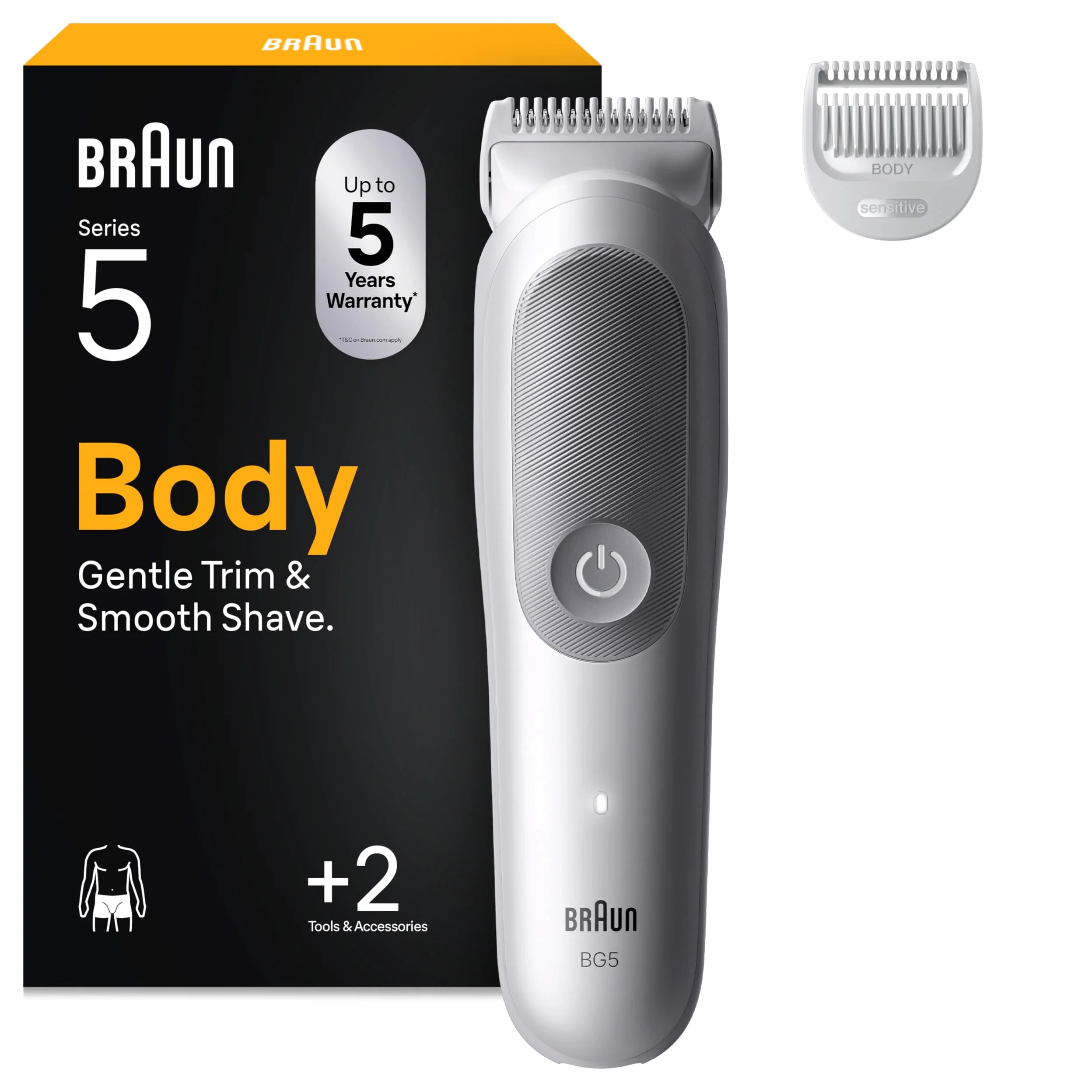 Braun Bodygroomer Series 5, + 2 akcesoria, przycinanie i golenie wrażliwych miejsc, czas pracy baterii 100 min, z dodatkową ochroną skóry, wodoszczelny, BG5500, szary