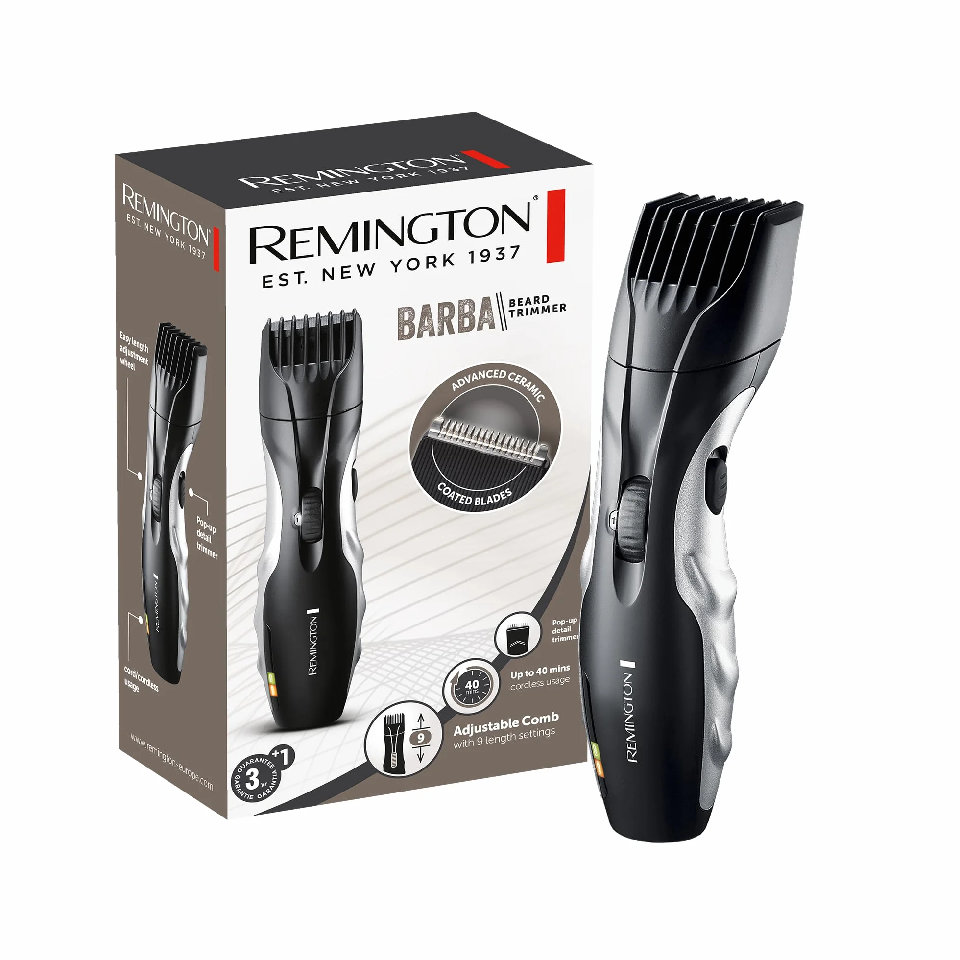 Remington trymer do brody, samoostrzące się otrza pokryte ceramiką, 9 długości 1.5-18mm, wysuwany trymer, do 40 min. bezprzewodowej pracy, czarny/szary, Barba MB320C