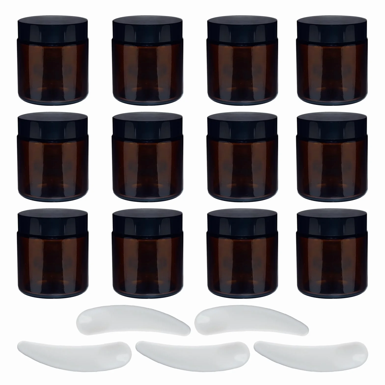 12 sztuk słoików kosmetycznych, 100 ml, szkło bursztynowe, gotowe do podróży, puste puszki na krem, z 5 pokrywkami szpatułek, do kosmetyków, balsamów, kremów