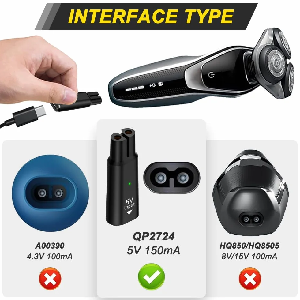 Xiatiaosann Ładowarka do golenia 5V typu C konwerter do Philips QP2724 QP2834 QP4530 MG5910 MG7910 MG9510 QP1924 QP1324 ze światłem LED (2 szt., czarny)