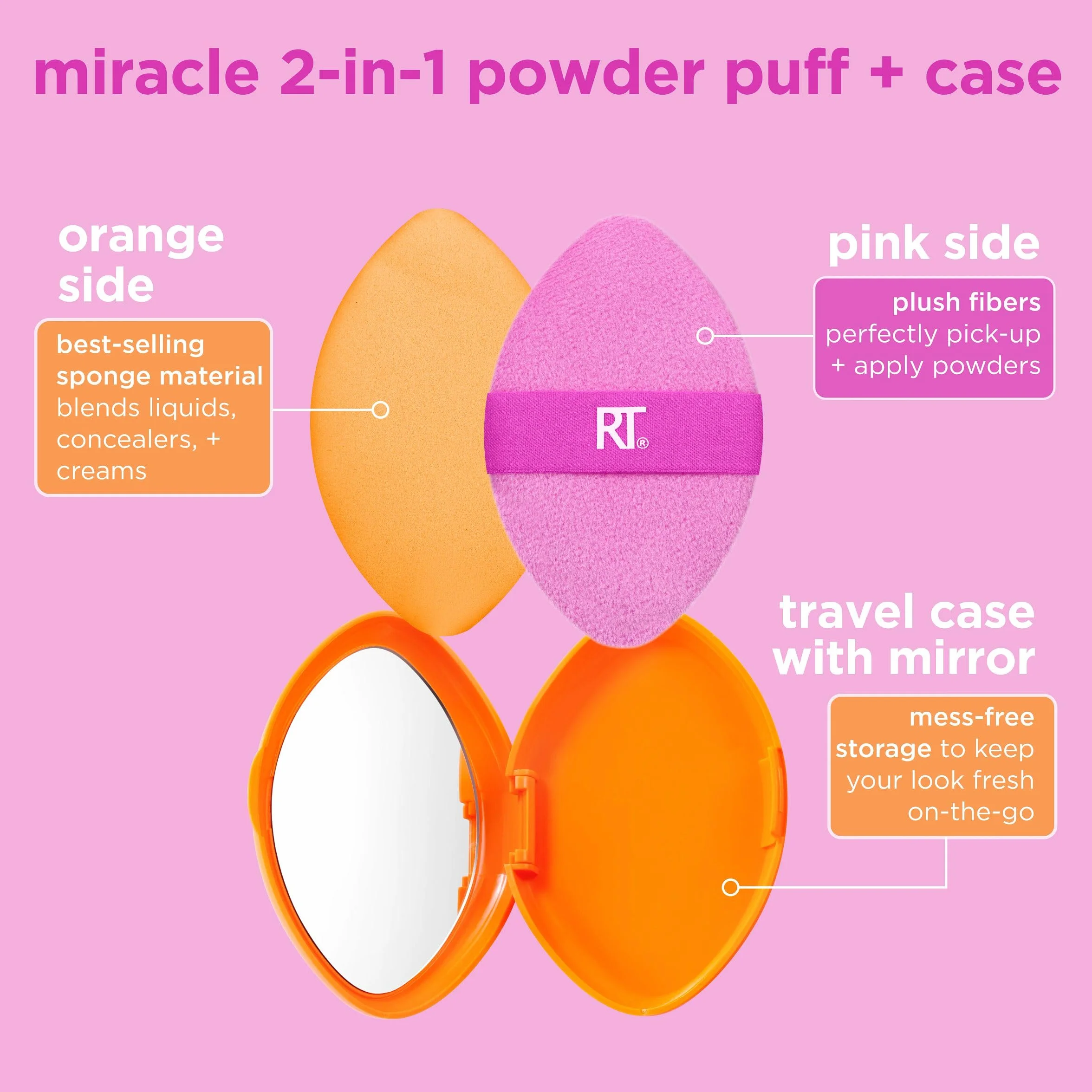 Real Techniques Miracle 2 w 1 pudru + etui podróżne, dwustronna opaska do mieszania makijażu, elastyczna taśma, precyzyjna gąbka do makijażu i pudru, do płynów, kremów i proszków, etui podróżne, 2