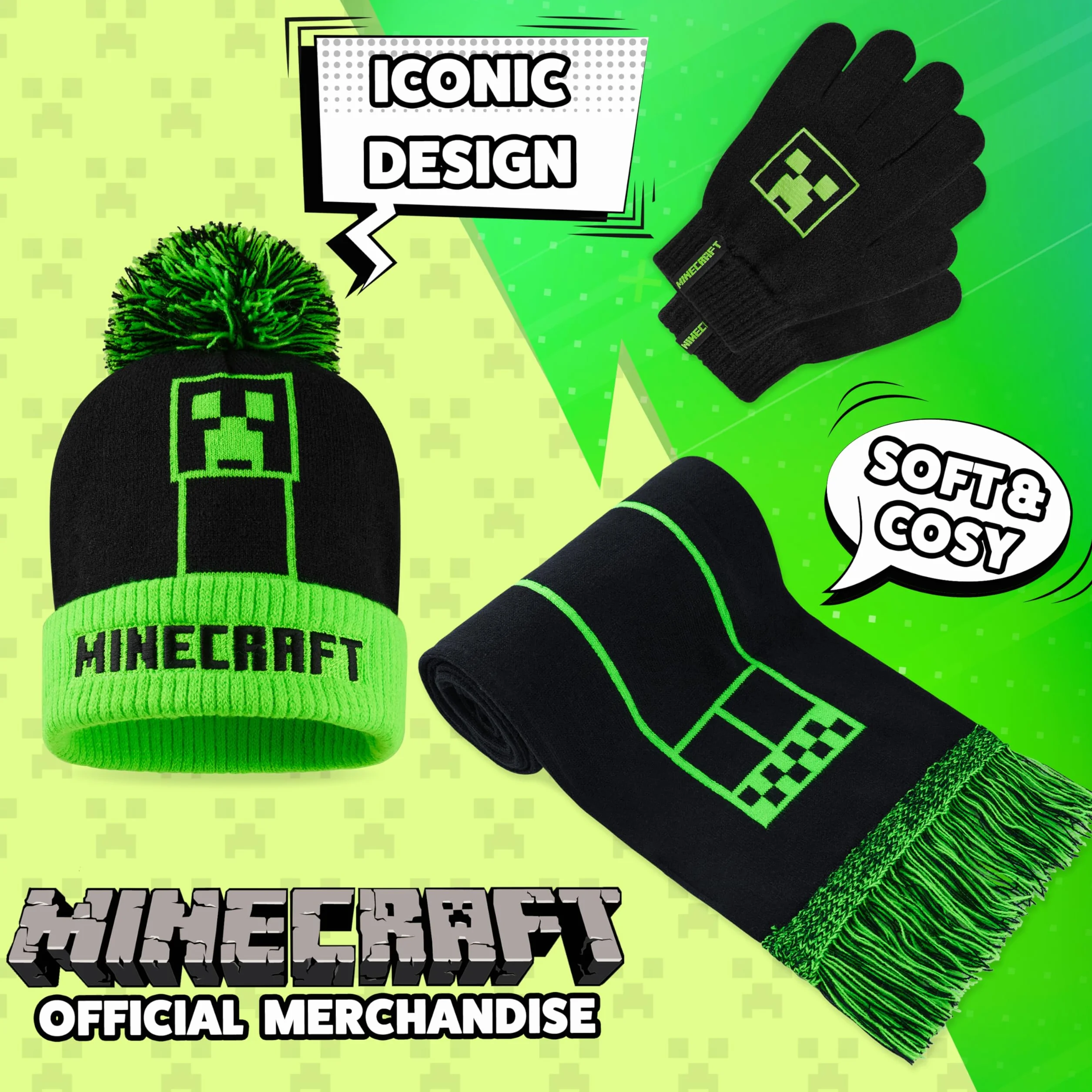 Minecraft Chłopcy Zestrynowy zestaw dzianin Senior Zielony czarny