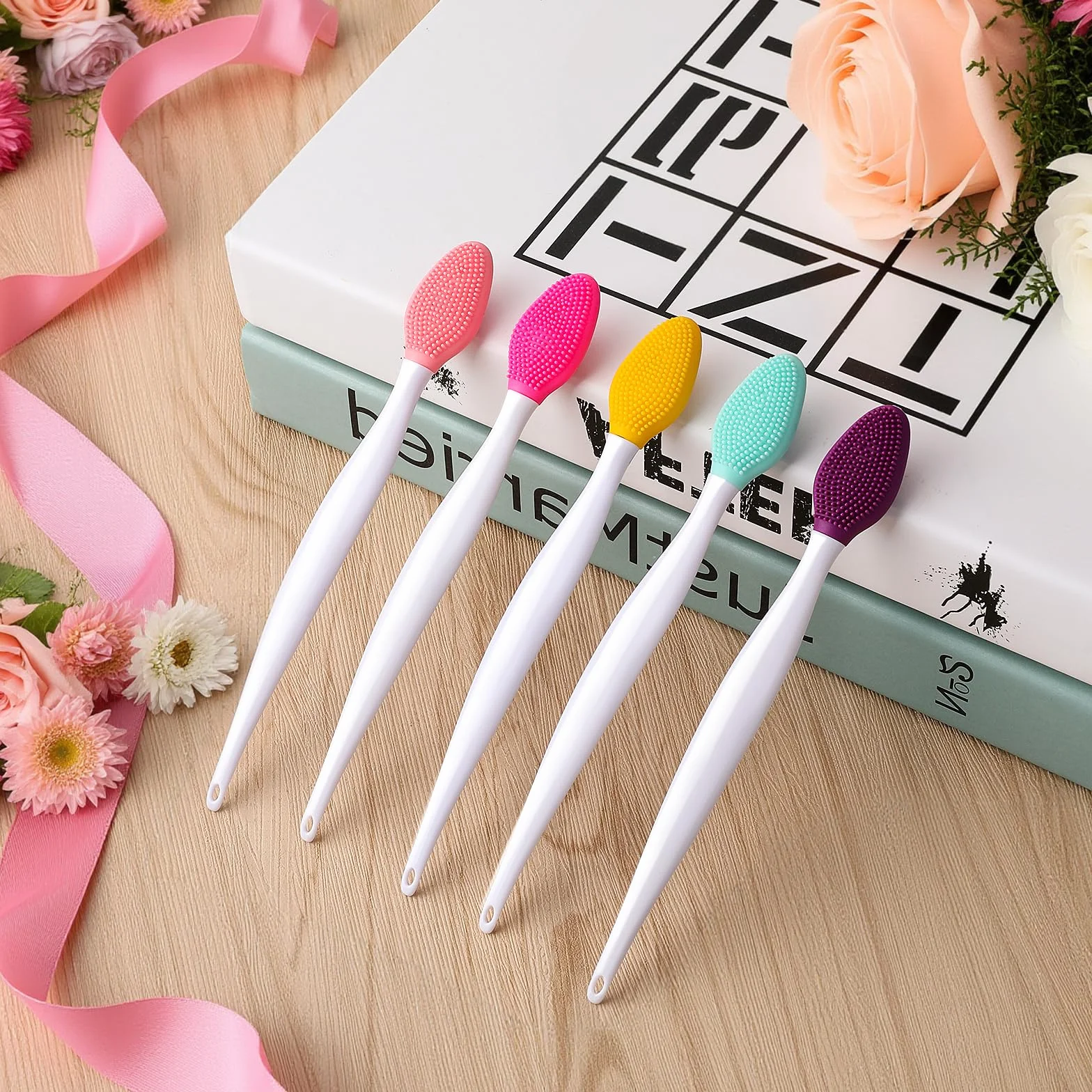 5 szt. pędzelek do ust delikatny peeling do ust dwustronny silikonowy mini złuszczający aplikator połysk zestawy do oczyszczania makijażu dla gładkich miękkich jasnych zdrowych mężczyzn kobiet