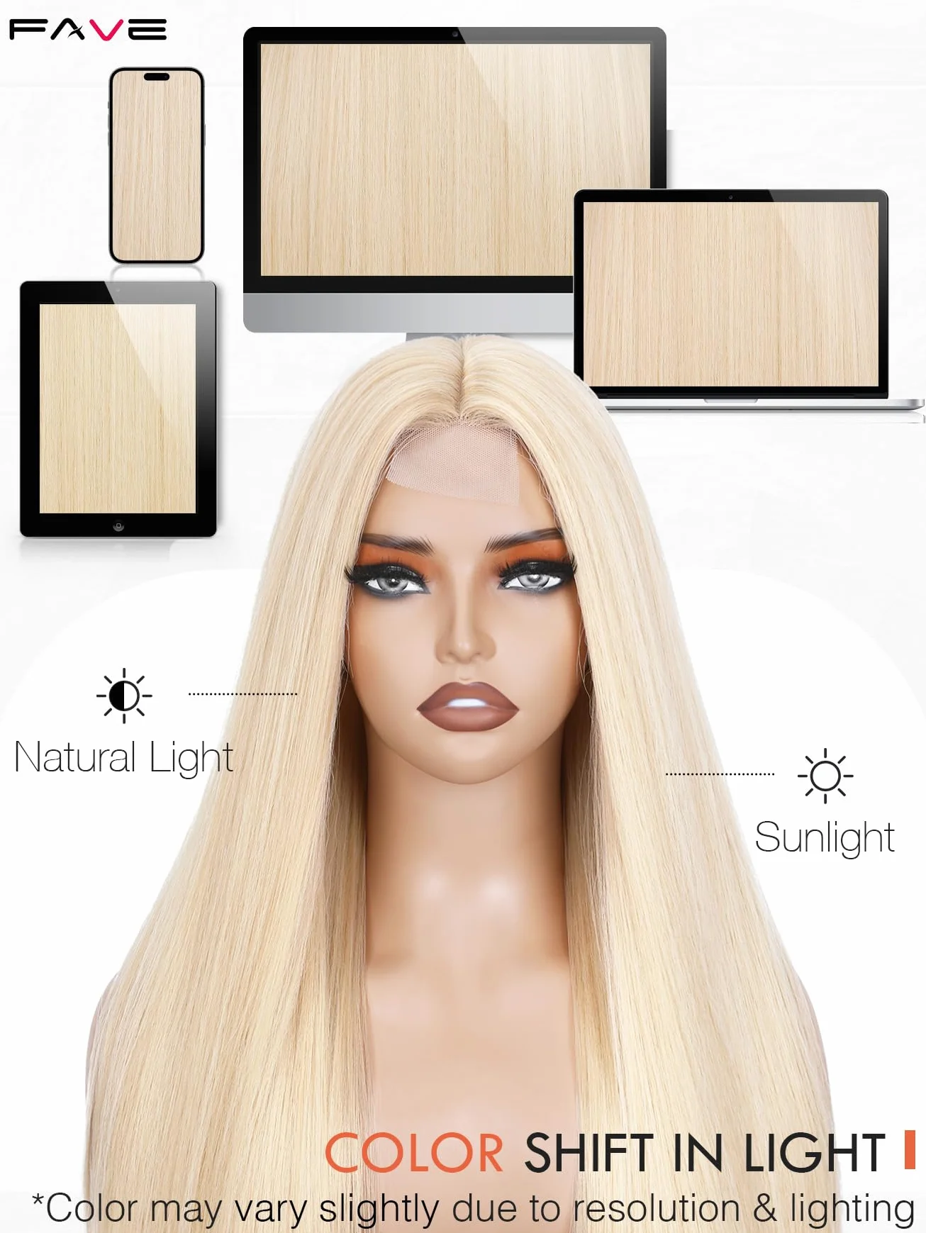 FAVE Peruka blond, 65 cm, damska, długa, odporna na wysokie temperatury, syntetyczna peruka z iluzoryczną koronką, przedziałek na środku, do noszenia na co dzień, do cosplay
