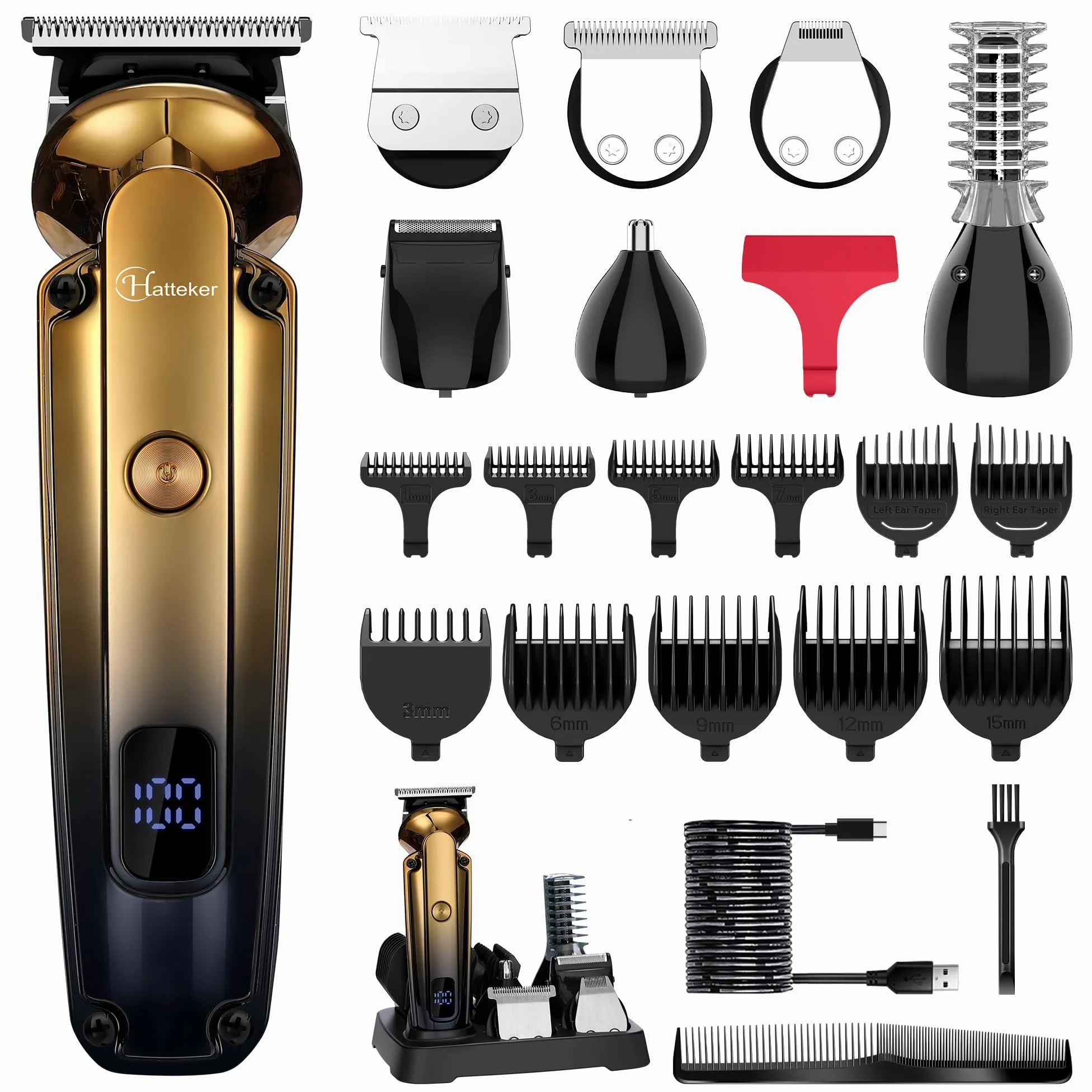 Hatteker Beard Trimmer Kit Strzyżacz Włosów T-Blade Trimmer Elektryczna Golarka Nosa Ucha Wodoodporny Bezprzewodowy Zestaw Pielęgnacji 6 w 1