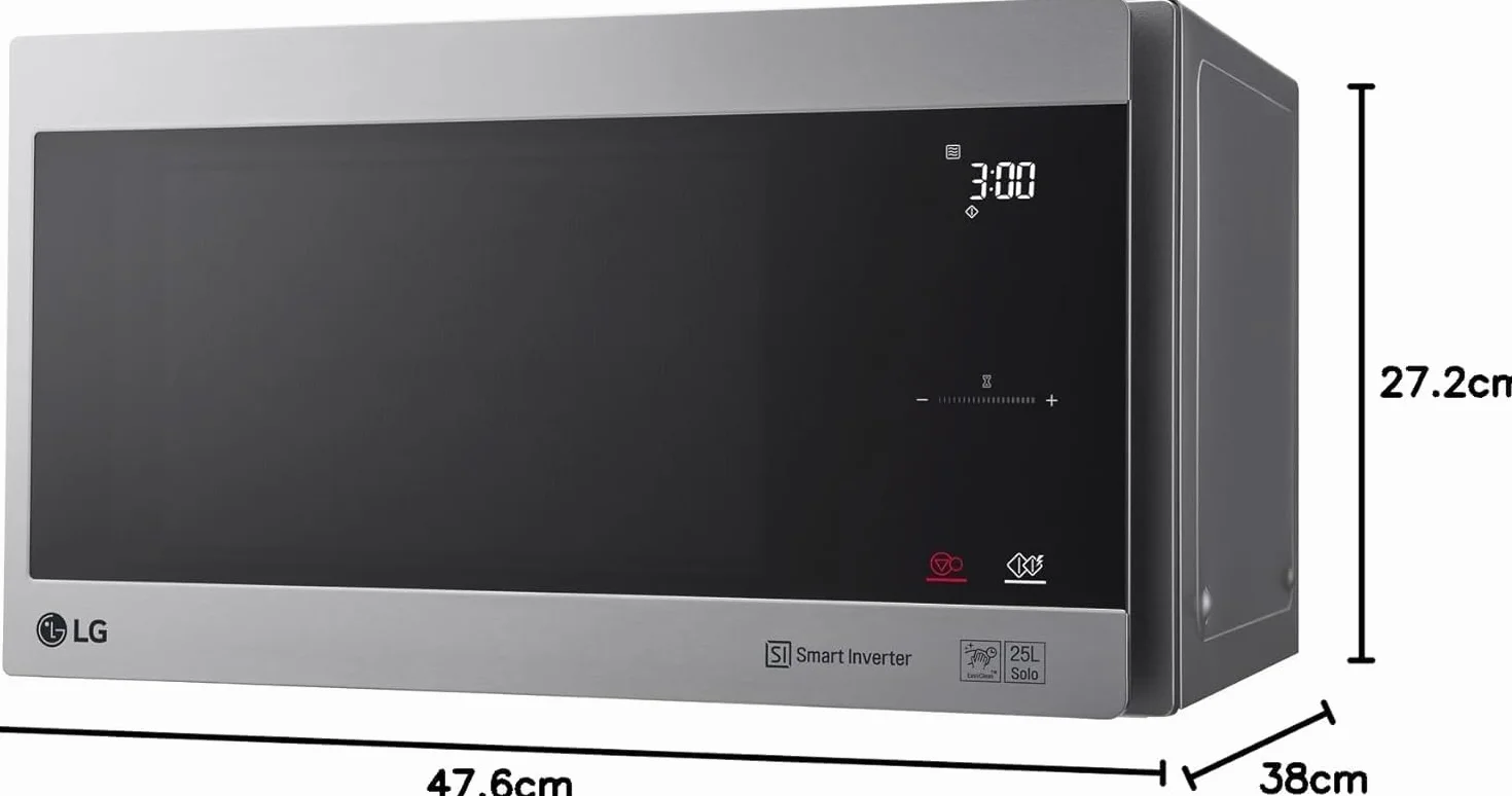 LG MS2595CIS kuchenka mikrofalowa z technologią Smart Inverter, pojemność 25 l, 1000 W, automatyczne programy, regulowane poziomy mocy i funkcja EasyClean, srebrna