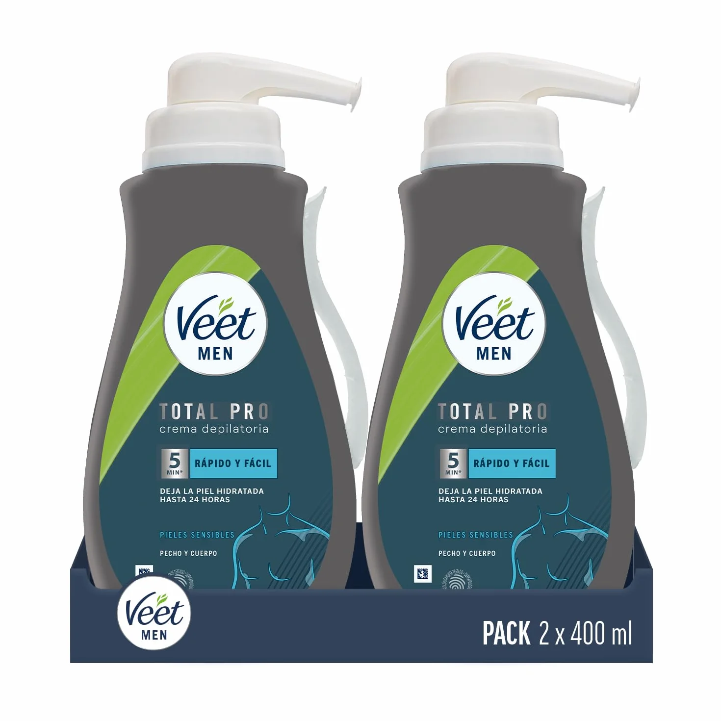Veet Men Męski krem do depilacji piersi, pleców, ramion i nóg, wrażliwej skóry, kolor szary, 400 ml (2 sztuki)