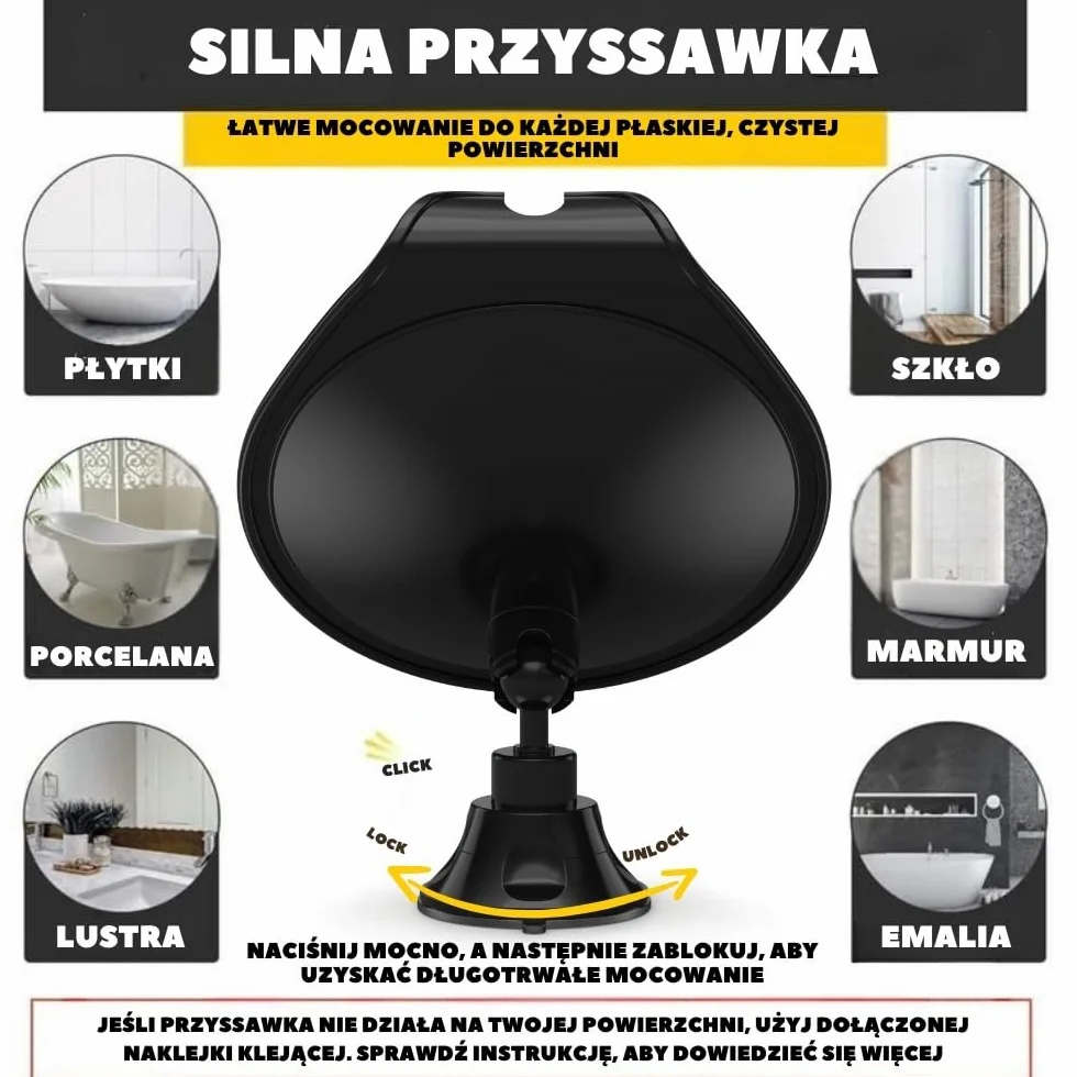 HONEYBULL Lusterko do golenia przeciwmgielne, lusterko prysznicowe, lusterko do golenia z przyssawką i obrotowym (czarne)