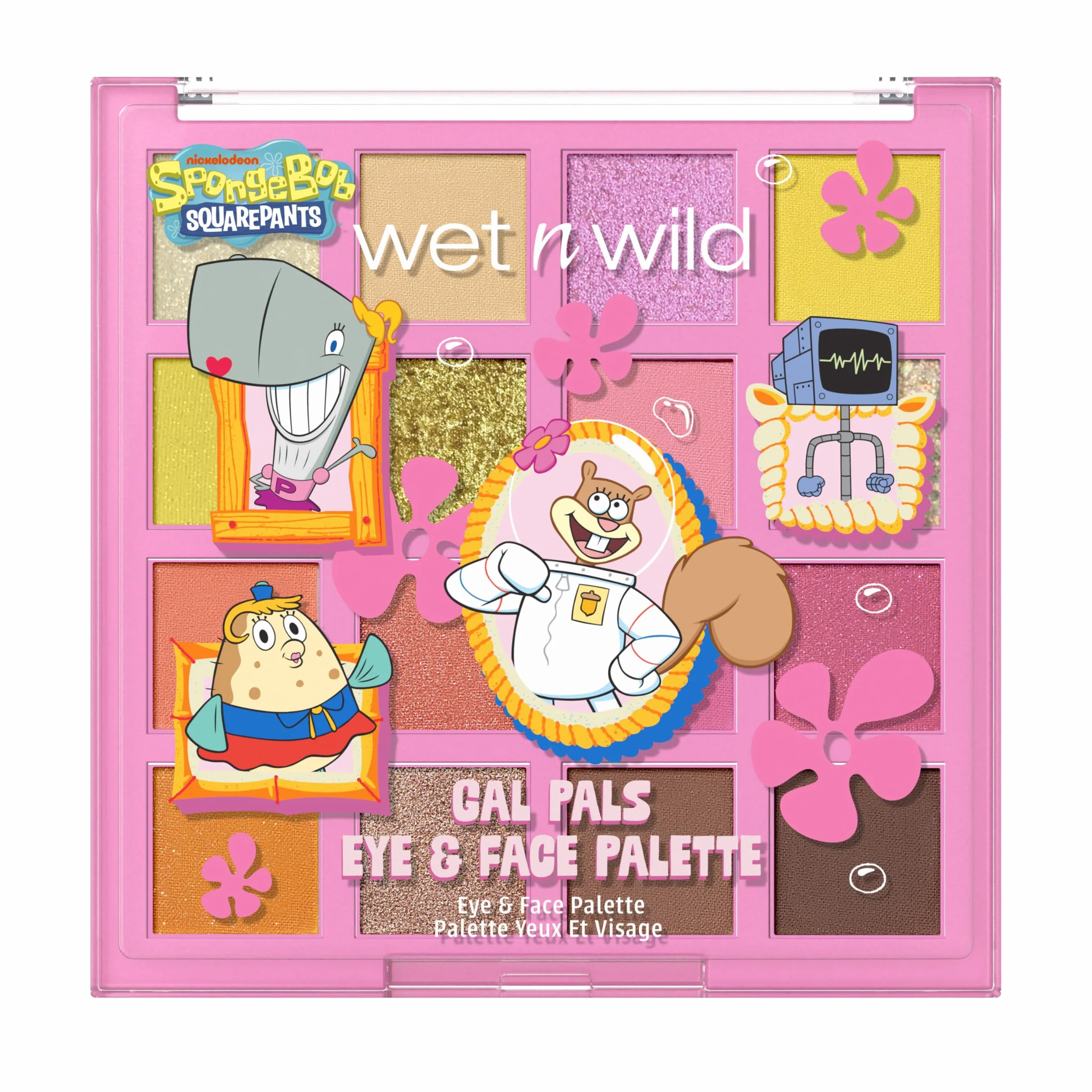 wet n wild Spongebob paleta oczu i twarzy, paleta oczu i twarzy z 16 pigmentowanymi odcieniami w matowych i połyskujących wykończeniach