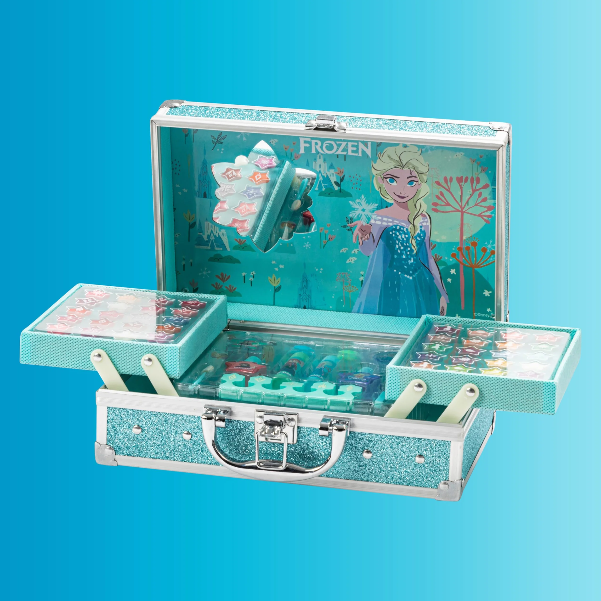 Lip Smacker Frozen Traincase, Walizka z Kosmetykami Kraina Lodu dla Dzieci, 40+ Elementów Makijażowych do Twarzy, Ust i Paznokci, w Tym Akcesoria Kosmetyczne do Włosów i Makijażu
