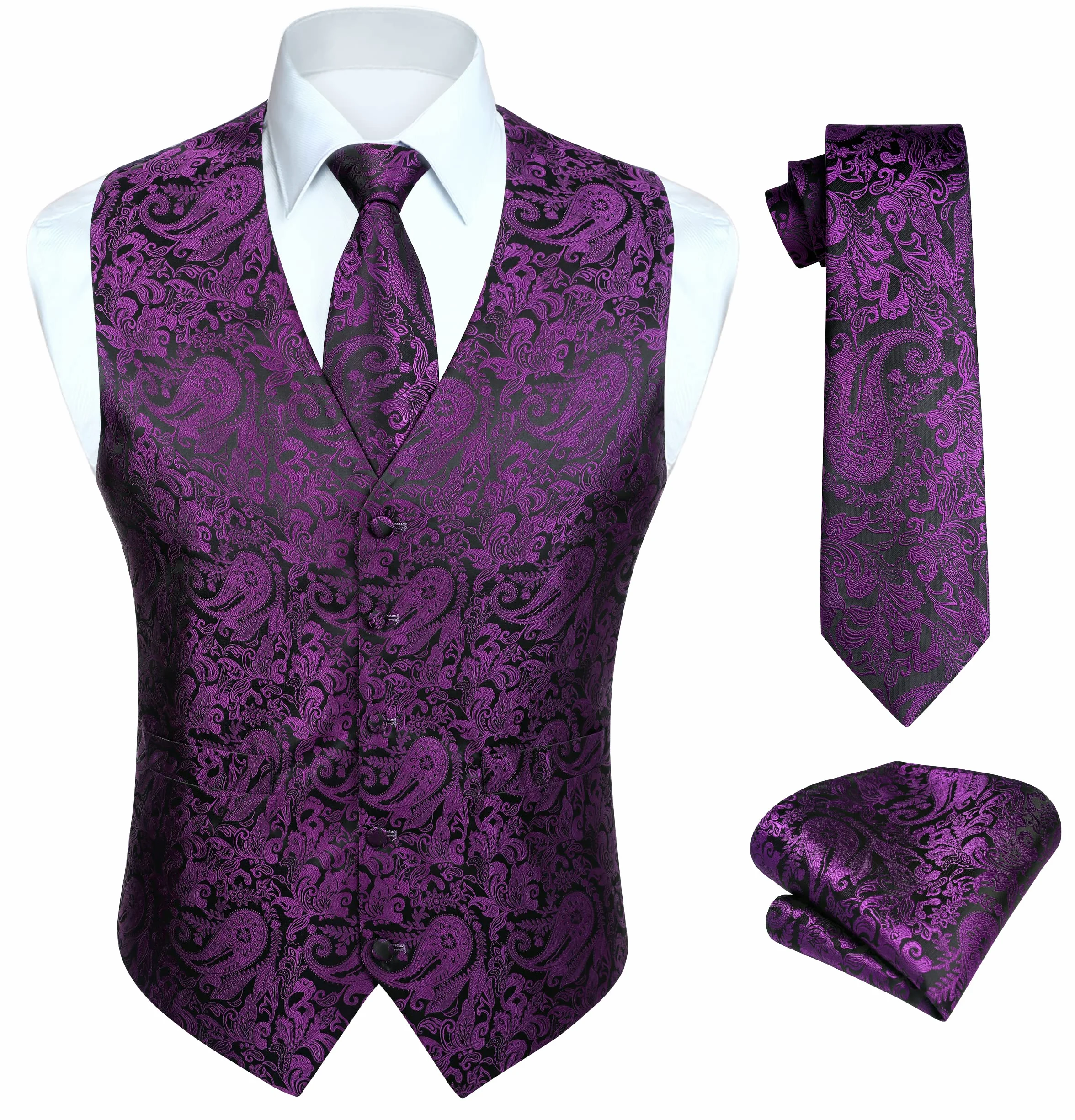 HISDERN Męska kamizelka paisley, kwiecista, żakardowa, krawatowa poszetka, na ślub, przyjęcie biznesowe, dopasowana kamizelka, zestaw, rozm. XS–6XL, Fioletowy, M