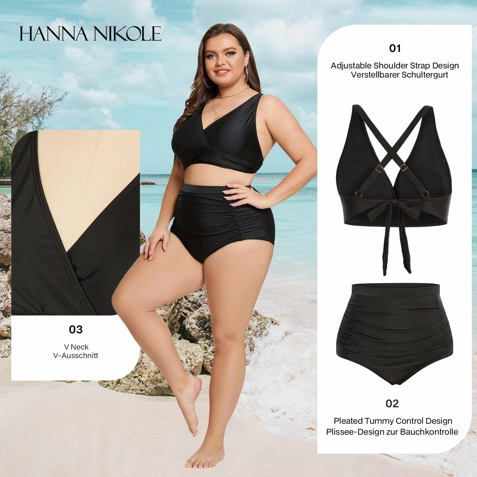 Hanna Nikole Damski zestaw bikini z wysokim stanem, marszczony strój kąpielowy push-up, kontrola brzucha, dwuczęściowy strój kąpielowy