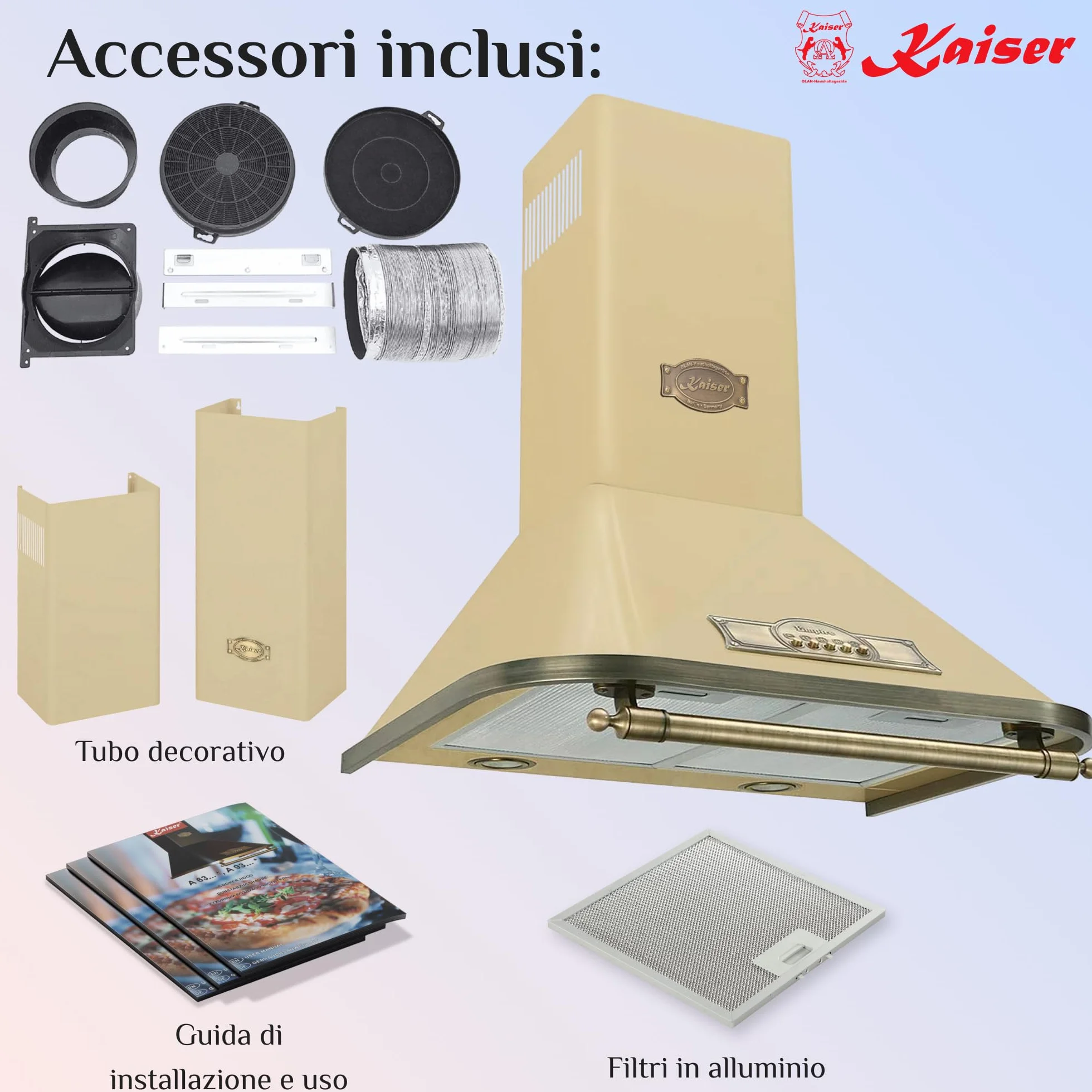 Ekskluzywny designerski okap kuchenny, 60 cm, okap ścienny z serii EMPIRE, 910 m³/h, okap kominowy, kość słoniowa, uchwyt z brązu, styl antyczny, z filtrem z węglem aktywnym, tryb wyciągu i obiegu