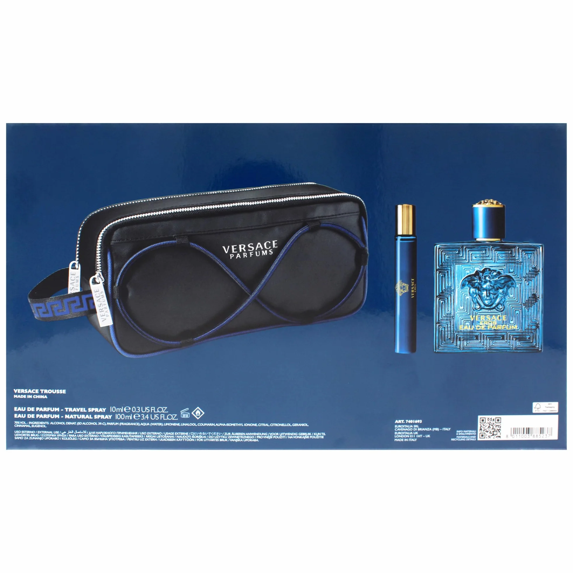Versace Eros Eau de Parfum zestaw upominkowy 2025-100 ml EDP, spray podróżny 10 ml i torba na przybory toaletowe