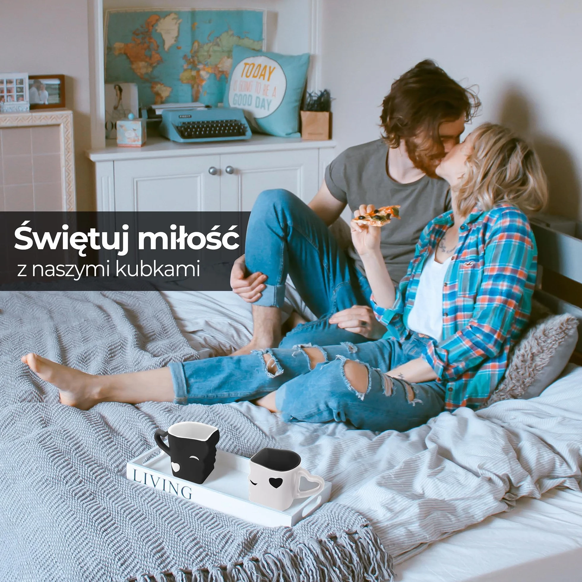 MIAMIO - Zestaw kubków do kawy/kubków do całowania w prezencie dla par/na wesele/urodziny/rocznicę, ceramiczne 300 ml (czarne)