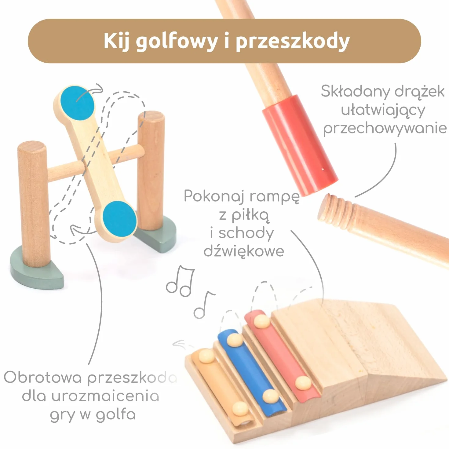 Umu® Drewniany zestaw mini golfa dla dzieci – 6 przeszkód, wewnątrz i na zewnątrz, zestaw golfa z piłkami i kijami, kreatywna zabawka edukacyjna dla dzieci