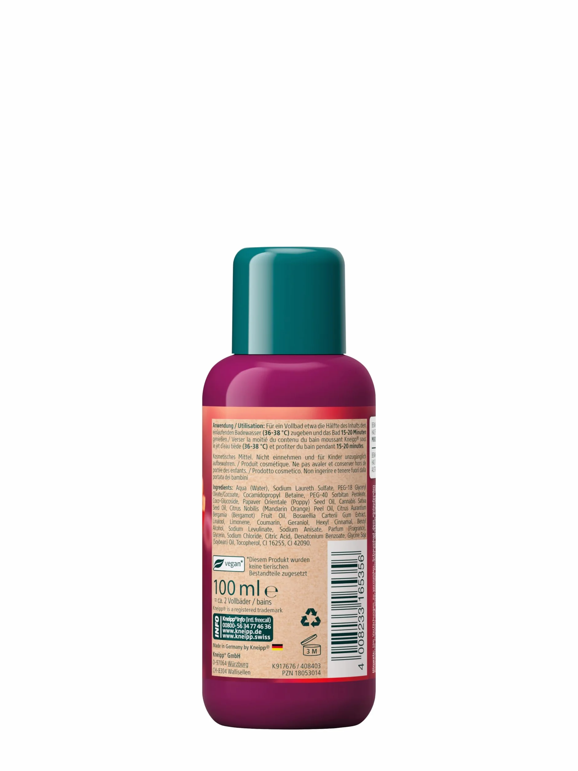 Kneipp Aromatyczna kąpiel z pianki pielęgnacyjnej Happy Auseit rozmiar podróżny – dodatek do kąpieli z naturalnymi olejkami z czerwonego maku i konopi – nastrojowy zapach – zapewnia miękkie i