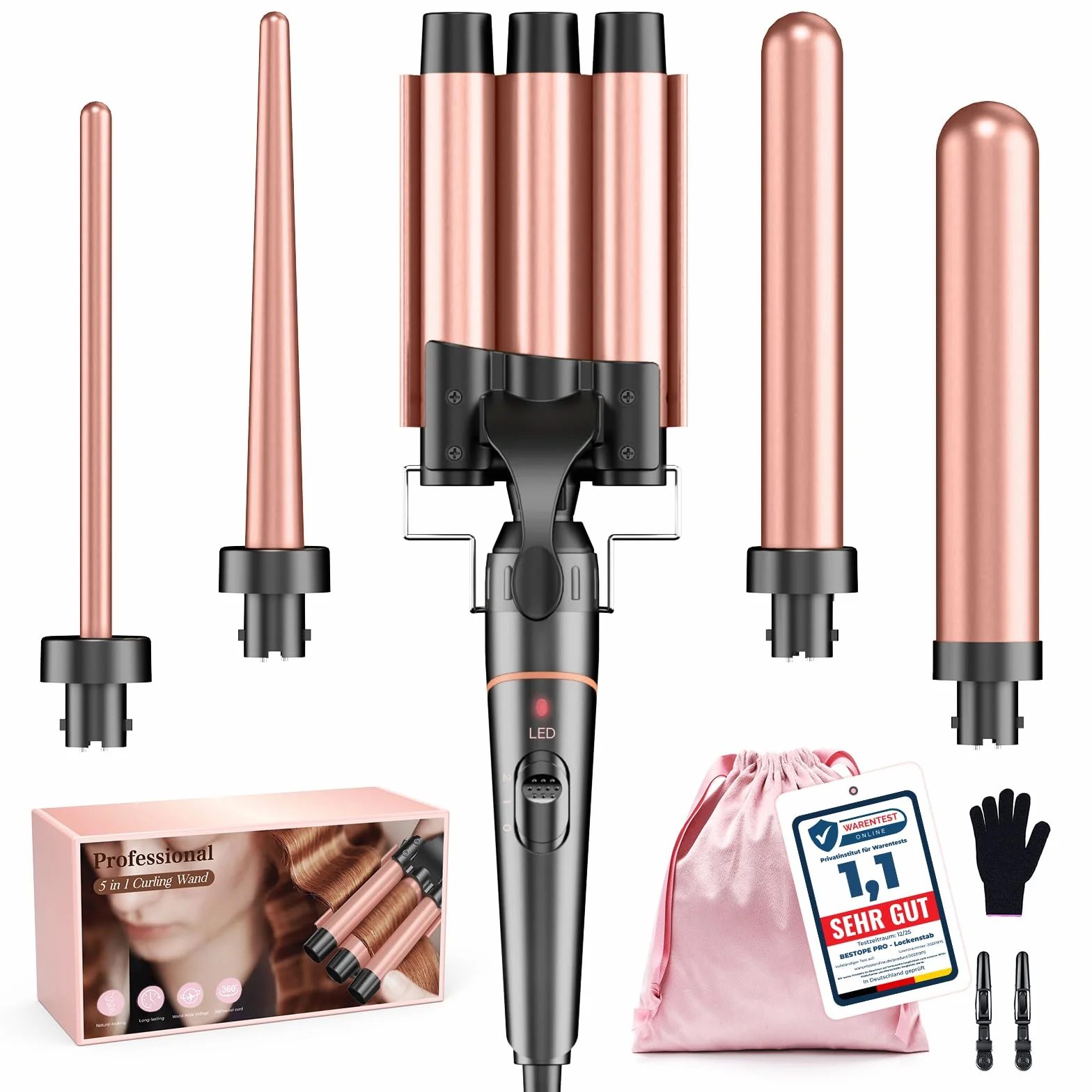 BESTOPE PRO Zestaw lokówki 5 w 1 – 3 ceramiczne beczki do dużych loków i fal – szybkie nagrzewanie, 2 poziomy temperatury, lokówka z rękawicą i 2 klipsami, zapobiegająca puszeniu się, Dual Voltage