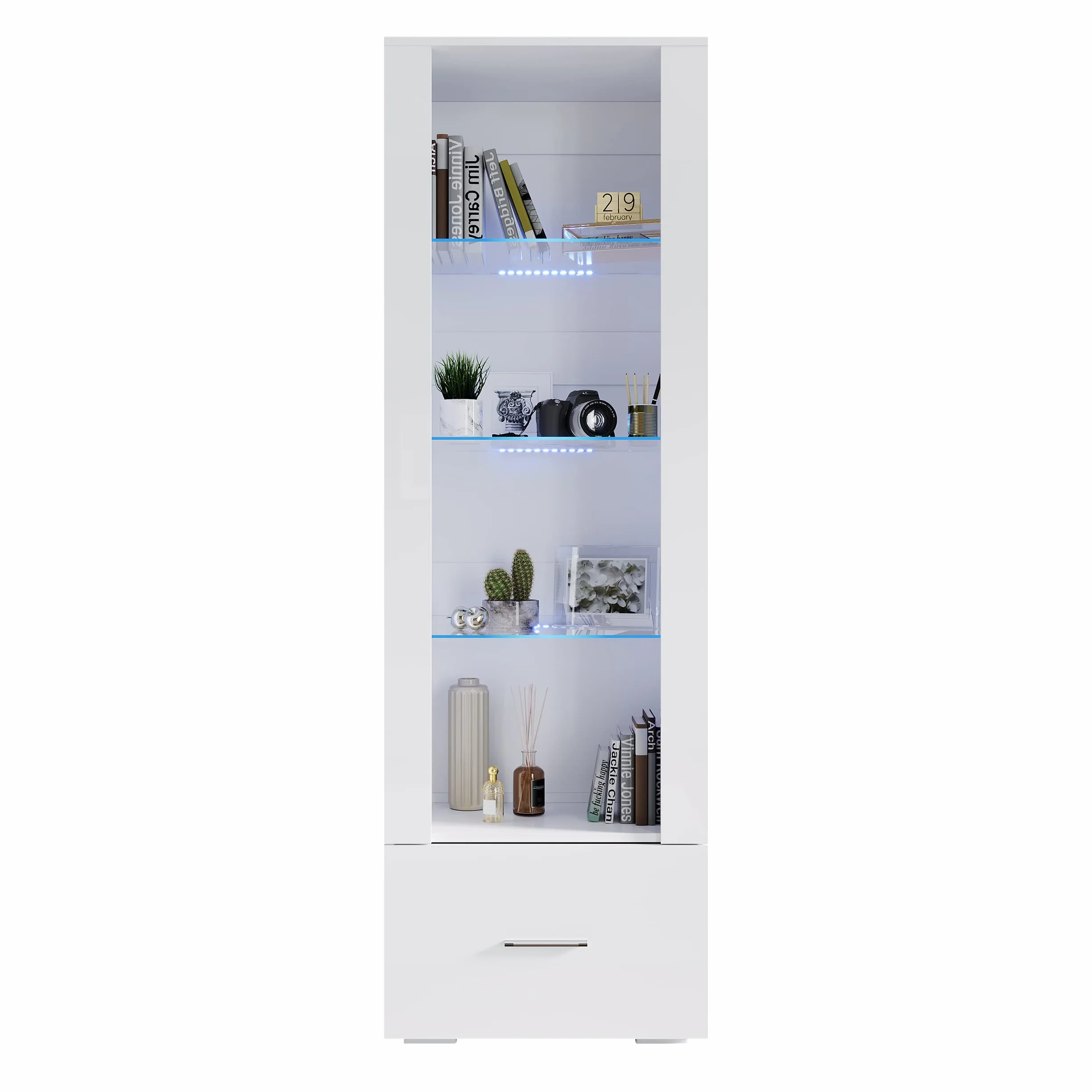 SONNI Witryna z oświetleniem LED, szklana witryna z szufladami, biała, front na wysoki połysk, witryna kolekcjonerska, szafa z witryną, szer. 550 x gł. 350 x wys. 1720 mm