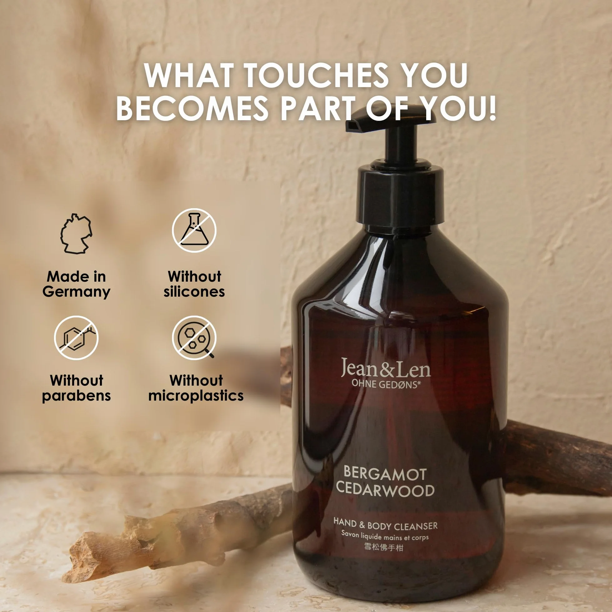 Jean & Len Hand & Body Cleanser Bergamot & Cedrwood, dla pachnącego doznania czyszczenia, mydło do ciała i rąk w wysokiej jakości butelce, orzeźwiający śródziemnomorski zapach, wegańskie, 500 ml