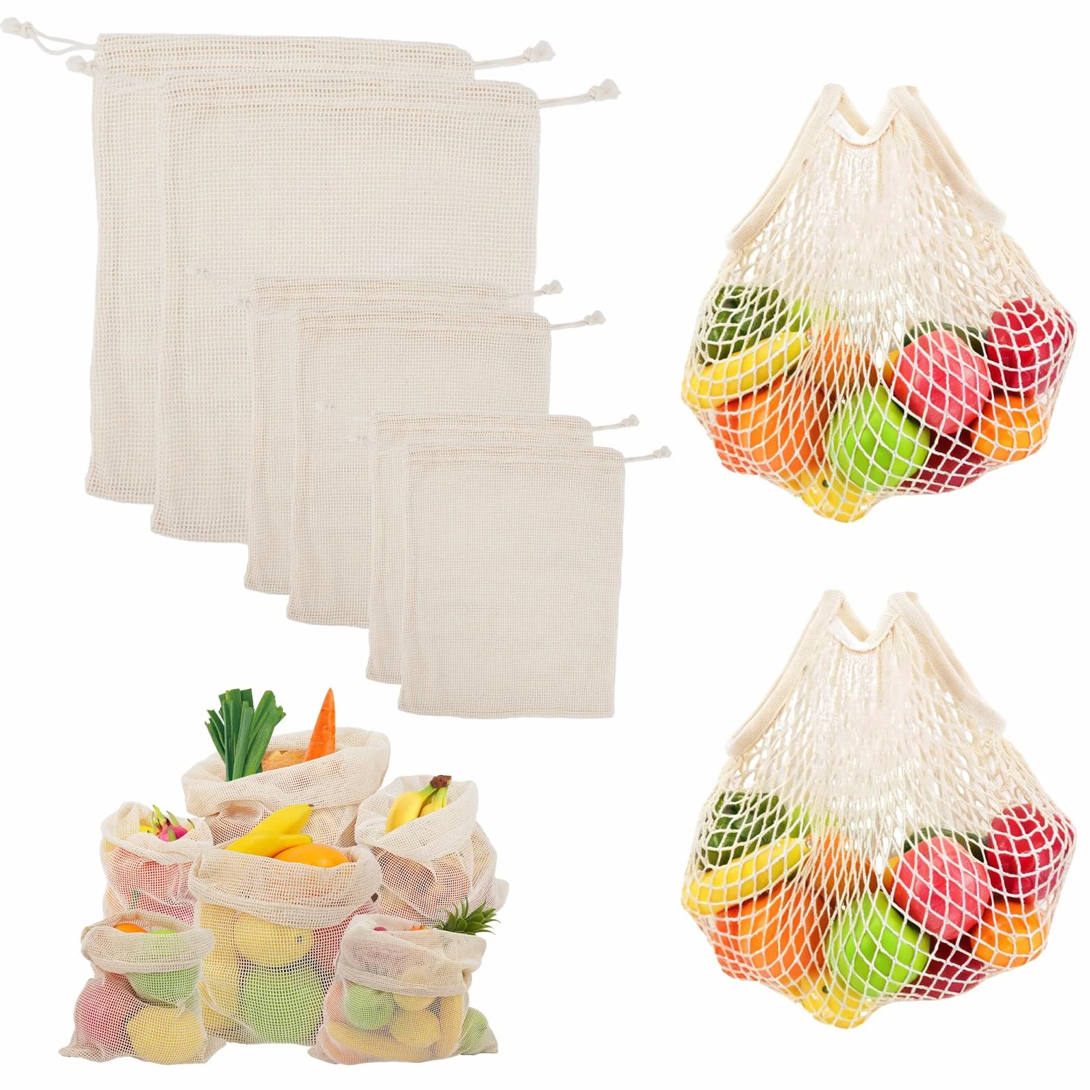 WRENYZK 8 sztuk worków na owoce i warzywa, wielokrotnego użytku, torby bawełniane, siatkowe torby z długim i krótkim uchwytem (2 x S, 2 x M, 2 x + 2 x torba do przechowywania)