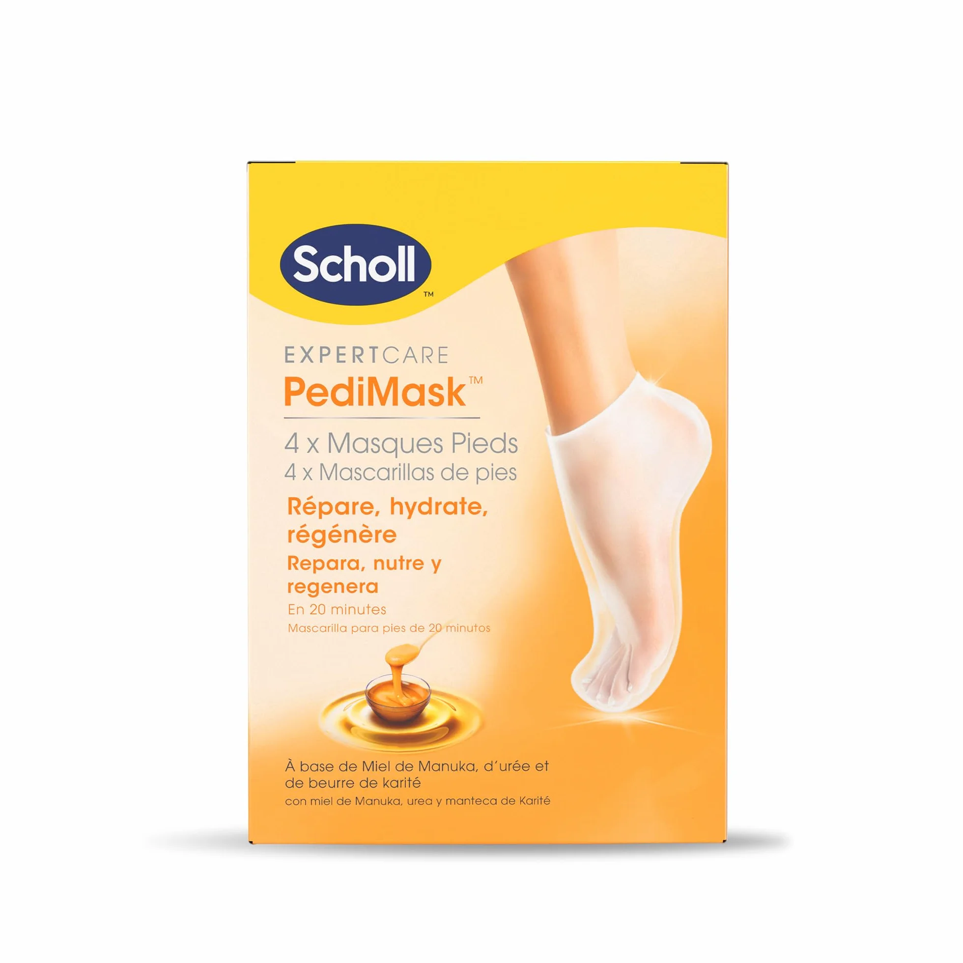 Scholl ExpertCare Maseczka do stóp - 4 pary - gładsze i bardziej miękkie stopy w 1 użyciu - Intensywne nawilżenie miodem Manuka, mocznikiem i masłem shea - nawilża i regeneruje suchą skórę