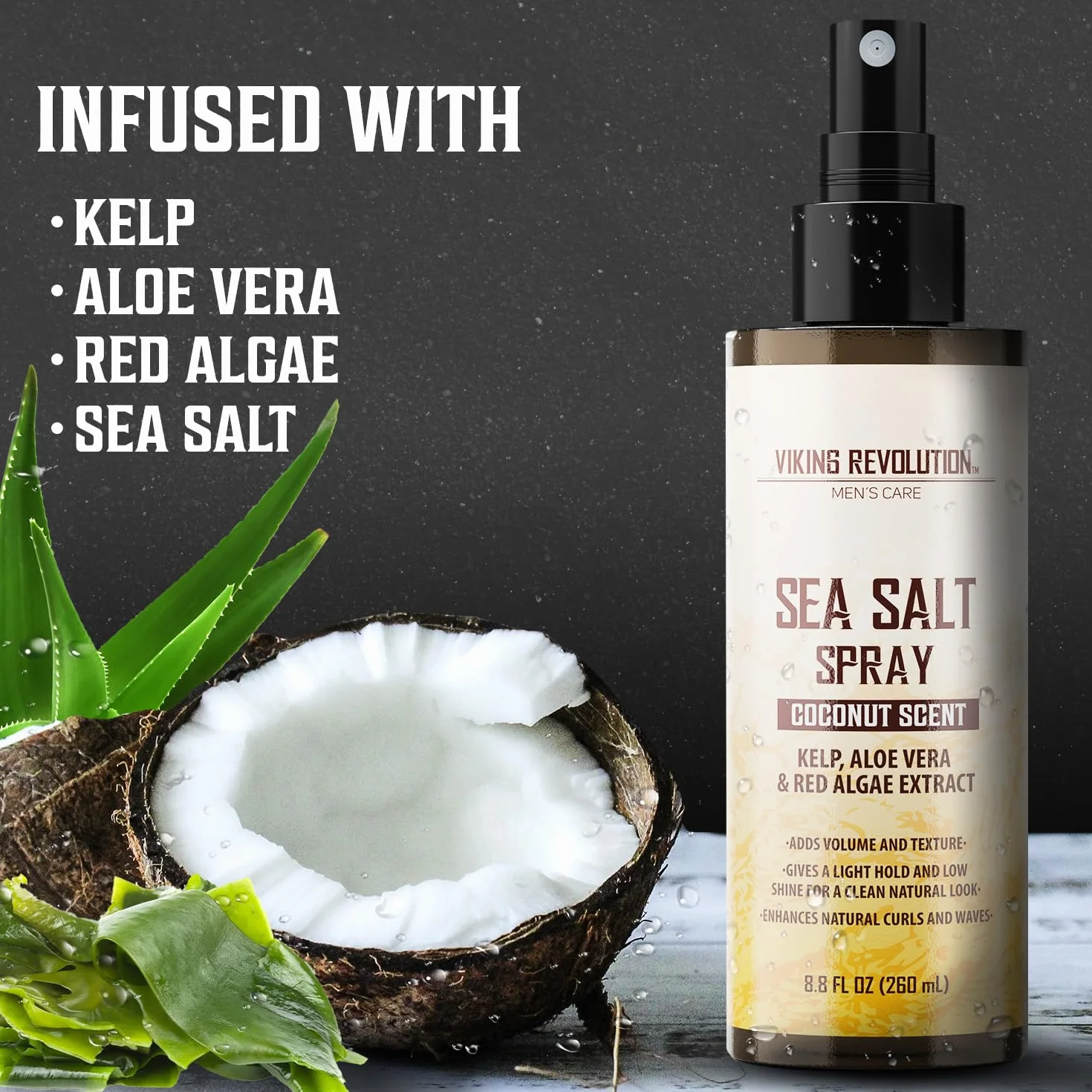 Viking Revolution - Sea Salt Spray Hair Men - Zapach kokosowy - Z wodorostami, aloesem i czerwonymi wodorostami - Spray z soli morskiej dla mężczyzn - Objętość i konsystencja - 260 ml