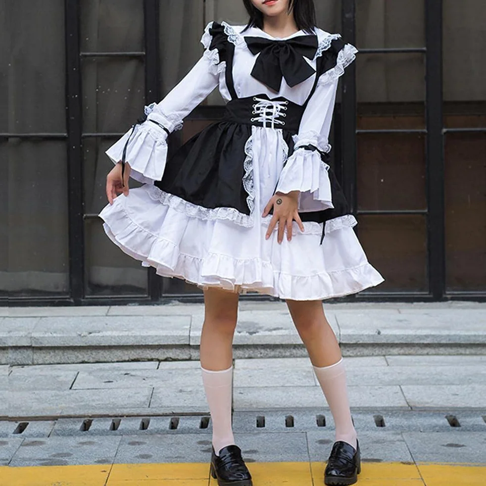 Damski strój pokojówki anime długa sukienka czarno-biały fartuch sukienka cosplay kostium na cztery pory roku