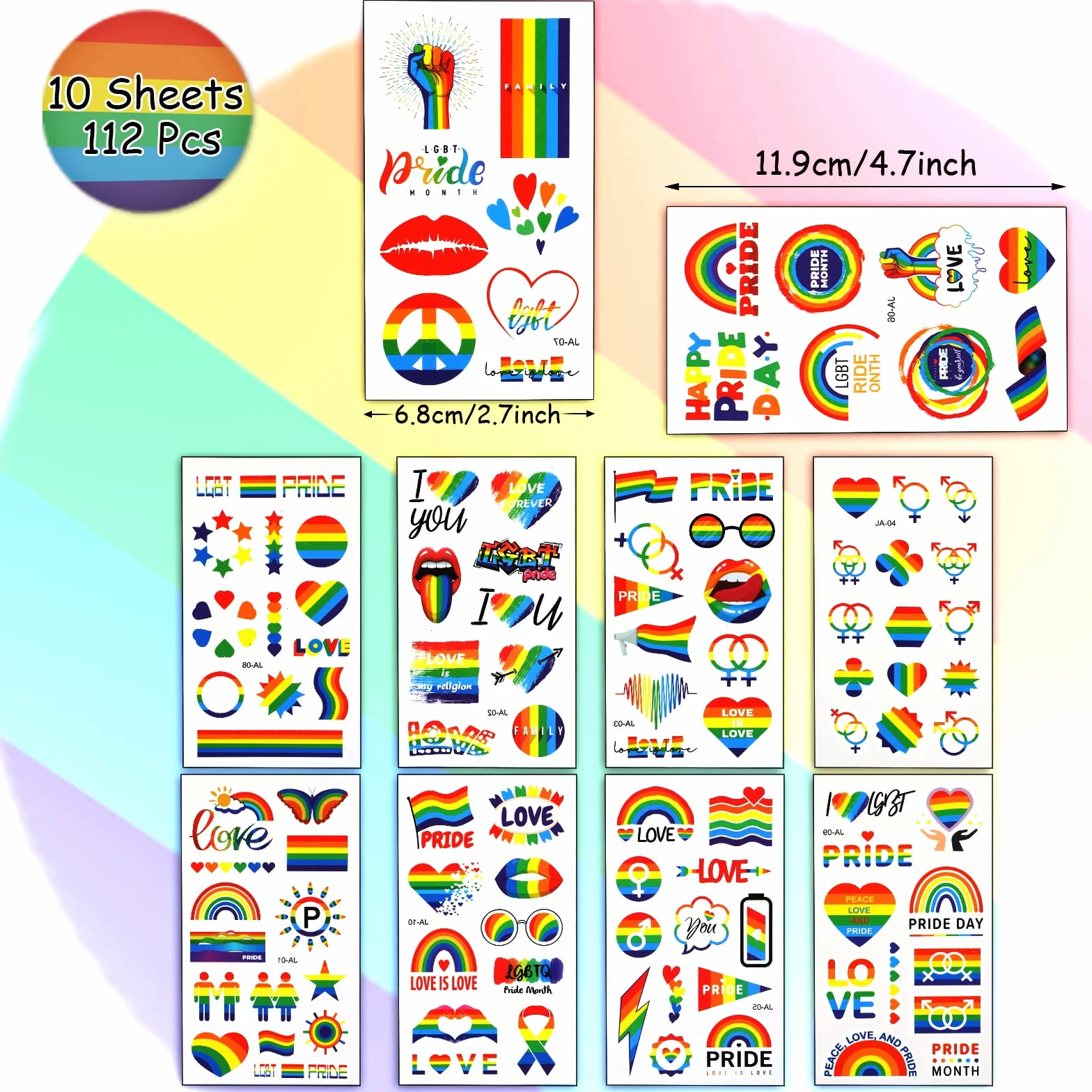 PHOGARY LGBT tatuaże tymczasowe (10 arkuszy, 112 sztuk) tęczowe naklejki Pride na uroczystości, imprezy gejowskie, festiwale i parady