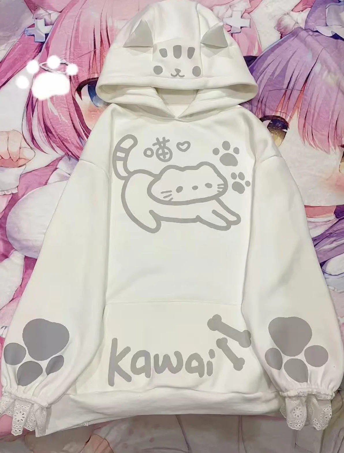 Kawaii bluza z kapturem z kocimi uszami nastolatki japońska urocza kreskówka anime grafika bluza z kapturem polar pulower topy