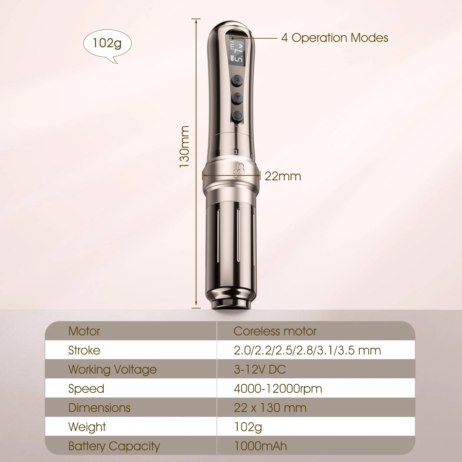U1 bezprzewodowa maszyna do makijażu semi-permanentnego, sześciostopniowa regulacja, z 2 bateriami o pojemności 1000 mAh, wyświetlacz OLED ust i eyelineru w stylu semi-permanentnym (Kawa)