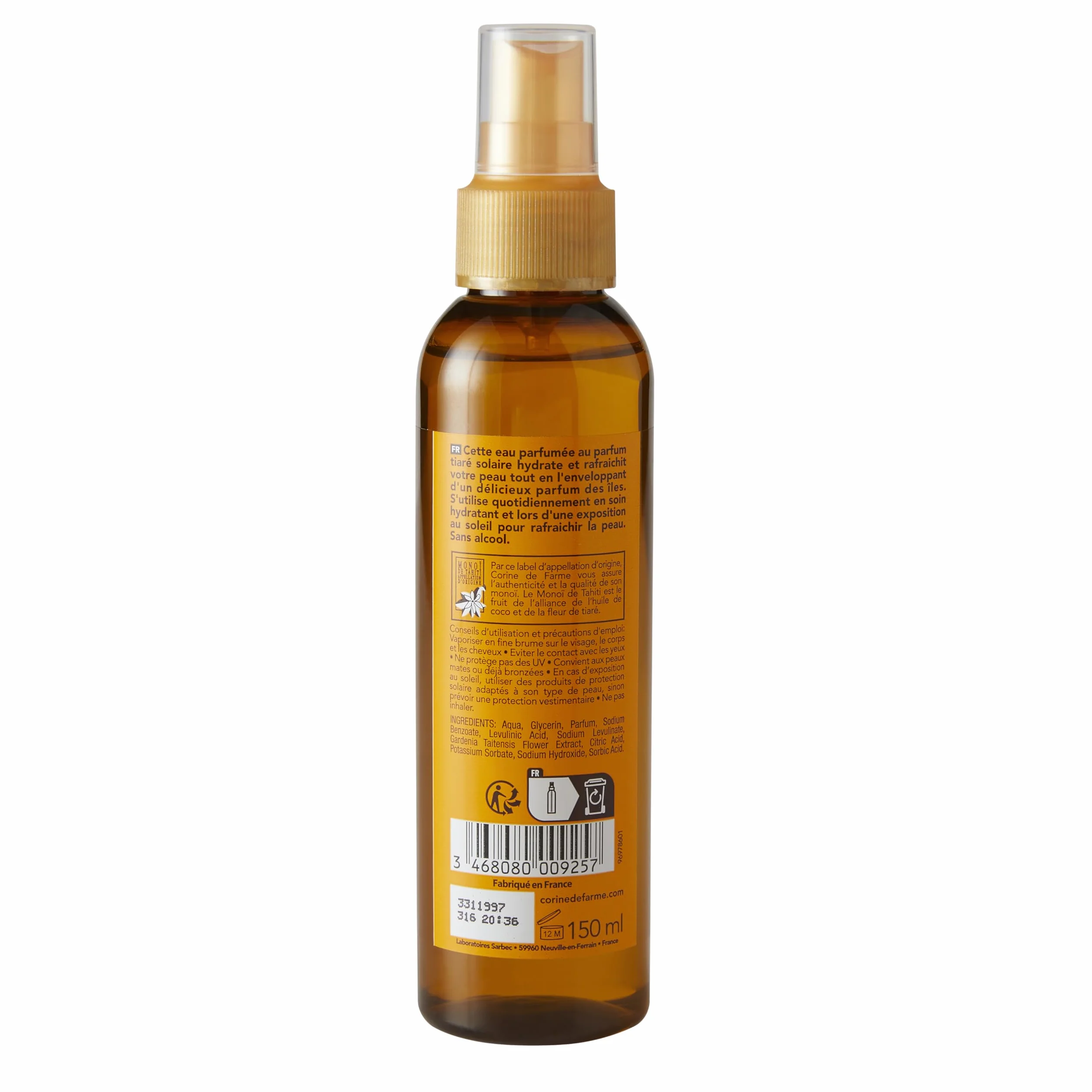 Corine de Farme - Monoi Tiaré Perfumowana woda - Mgła do pielęgnacji twarzy, ciała i włosów - Nawilża, chłodzi i perfumuje skórę - Bezalkoholowa - 150 ml
