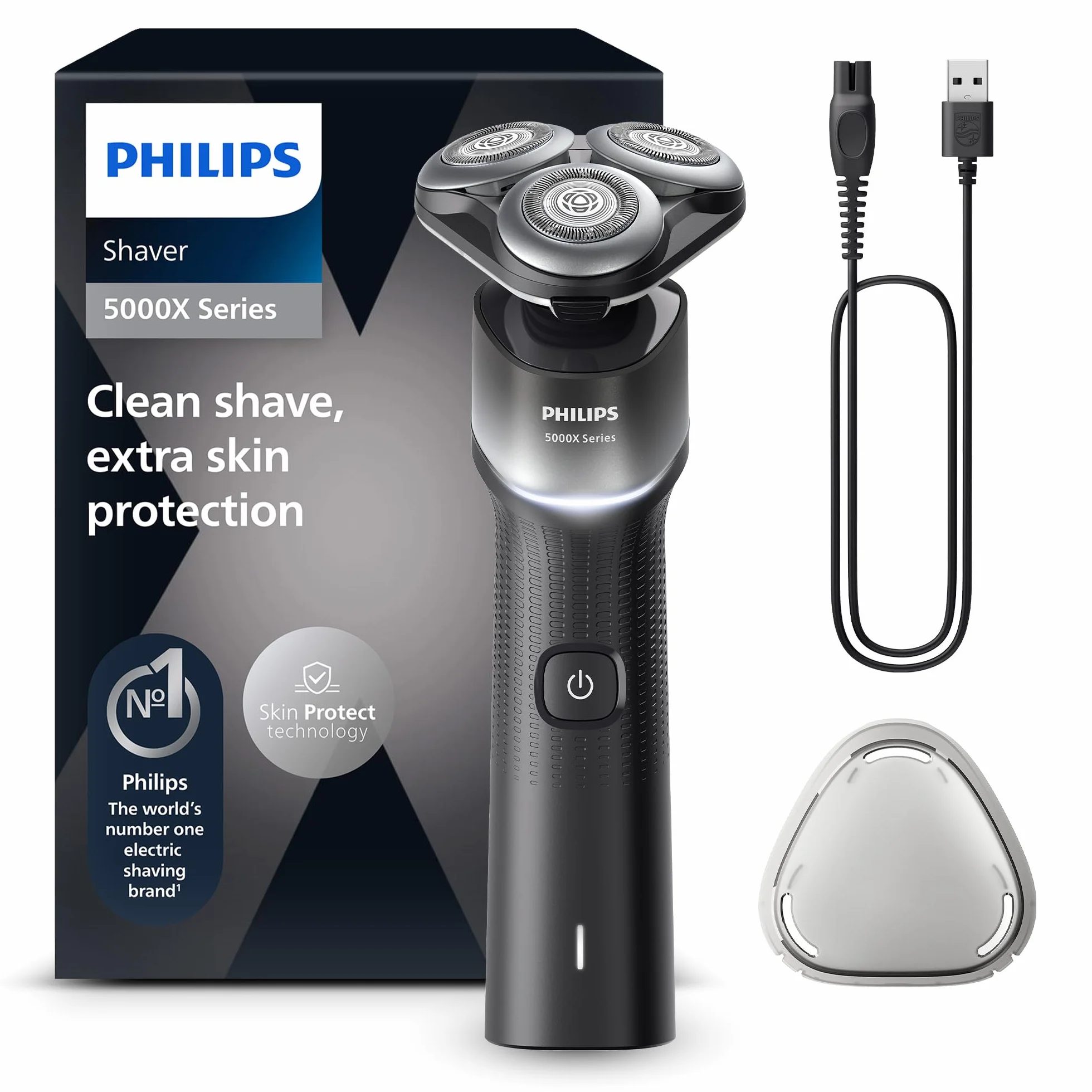 Philips Golarka Elektryczna z Serii 5000X, Golenie na Mokro i Sucho, Technologia Skin Protect, Elastyczna Głowica 360, 1 godz. Ładowania/5 min., Quick Charge, P-Cap, Srebrny, Model X5004/00