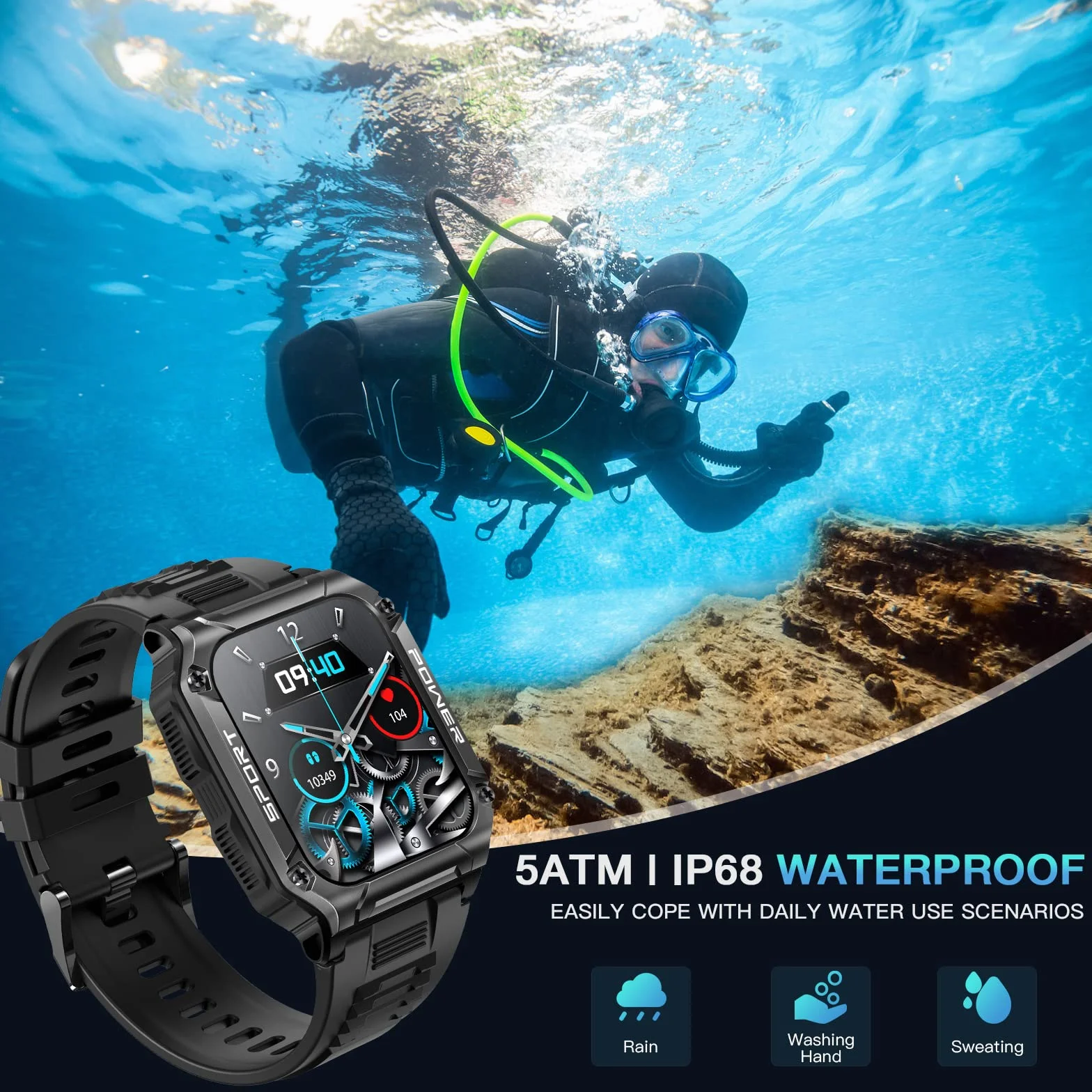 Męski smartwatch męski, 1,95" HD Smartwatch, wodoodporny zegarek sportowy 5 ATM ze 100 trybami sportowymi, trackery aktywności, kalorie, tętno, sen SpO2, odtwarzacz muzyczny, przypomnienie SMS