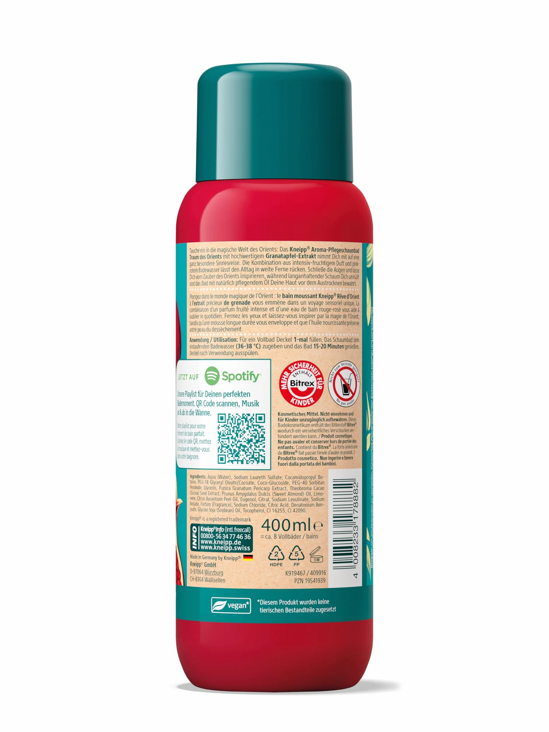 Kneipp Aromatyczna pianka do kąpieli marzenie orientalnego – dodatek do kąpieli z wysokiej jakości ekstraktem z granatu – wegańska – 400 ml