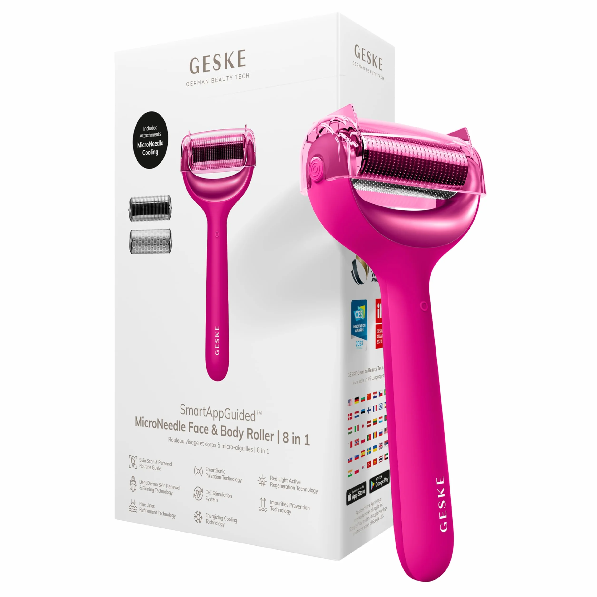GESKE | Roller do twarzy i ciała z mikroigłami SmartAppGuided™ | 8 w 1 | Derma Roller | Elektryczny roller | mikronakłuwanie | Urządzenie do mikronakłuwania | wałek igłowy | wałek igłowy