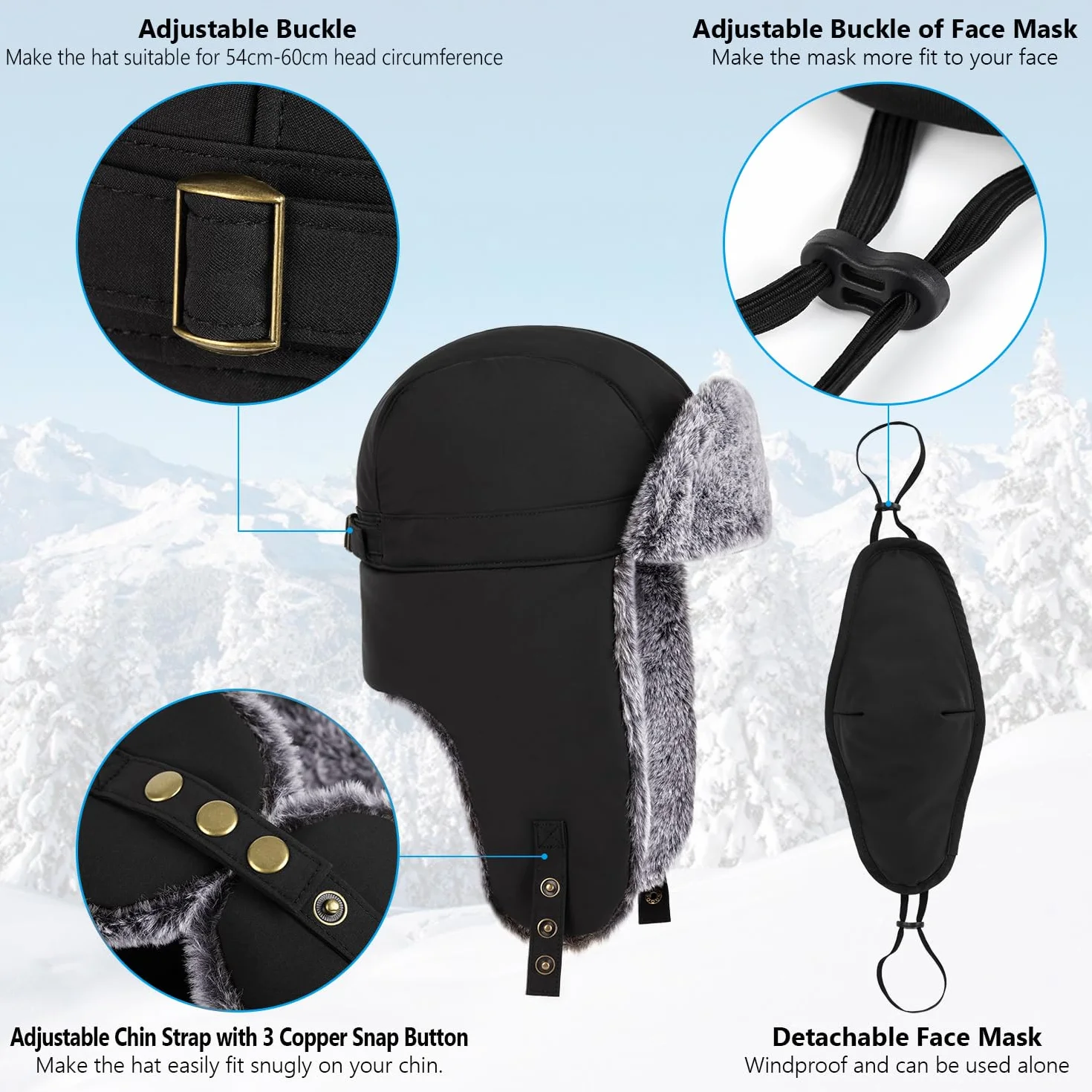 Unigear zimowa czapka pilotka z nausznikami, unisex, ciepła, ze sztucznego futra, z wiatroszczelną, zdejmowaną maską na twarz, do jazdy na nartach, łyżwach i innych aktywności na świeżym powietrzu
