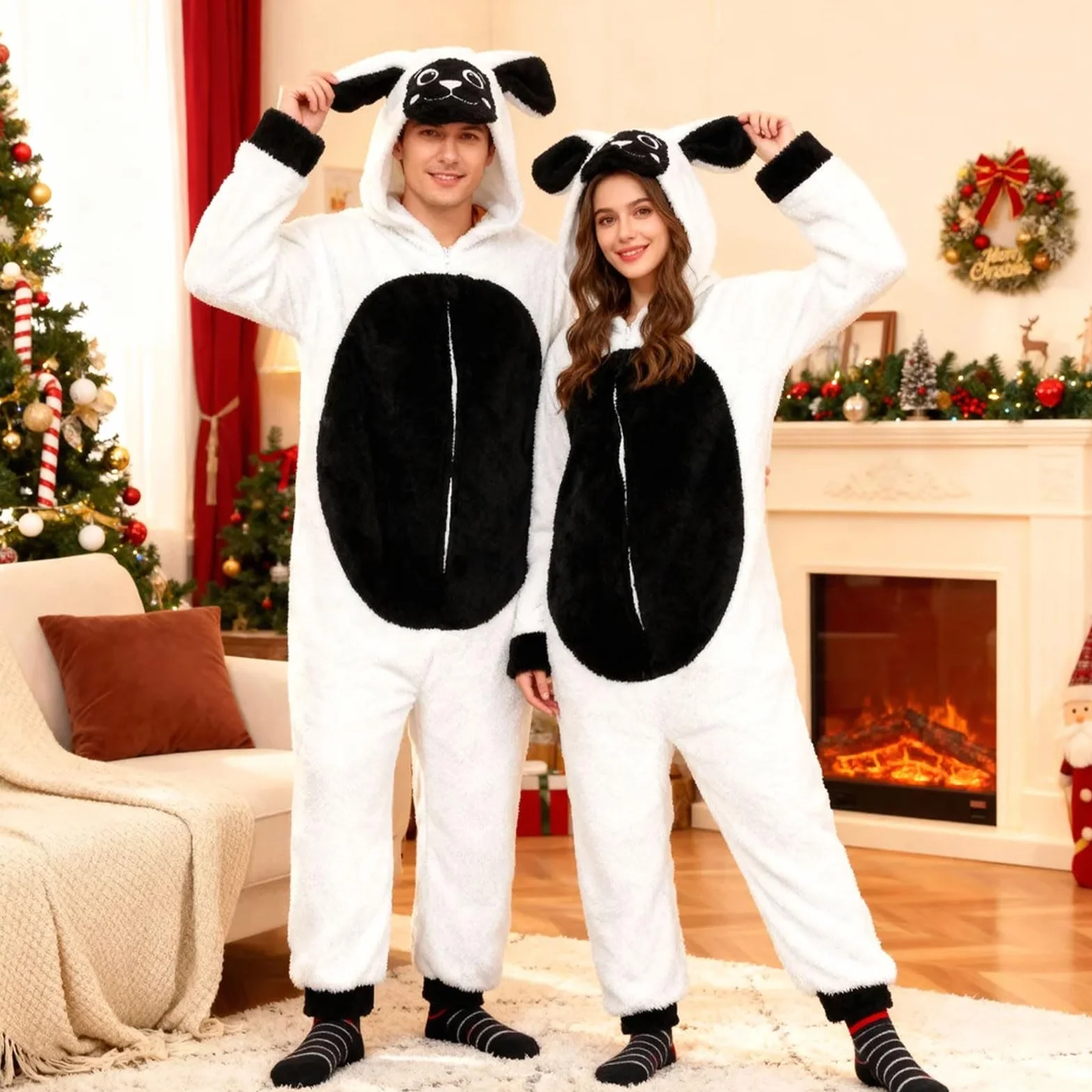 Świąteczna piżama jednoczęściowa dla kobiet, owca, jednoczęściowy kostium, Boże Narodzenie, bluza z kapturem, piżama, unisex, przytulny kombinezon do spania, zwierzę, fantazyjny strój dla
