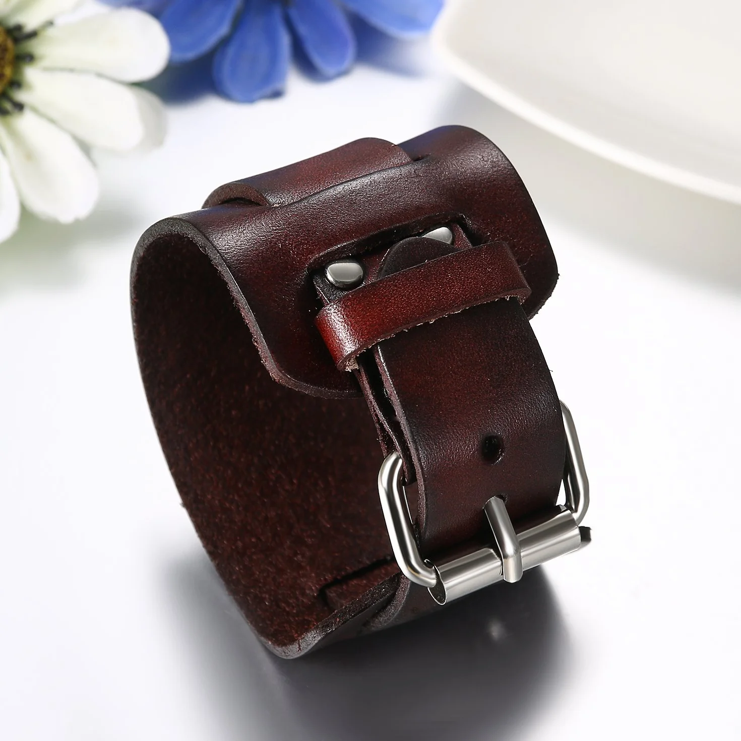JewelryWe biżuteria męska skórzana bransoletka, szeroka skóra, prawdziwa skóra, bransoletka, mankiet, bransoletka regulowana 16,5-21,5 cm, punk rock, motocyklowa, czarna/brązowa, Skóra, Bez kamienia
