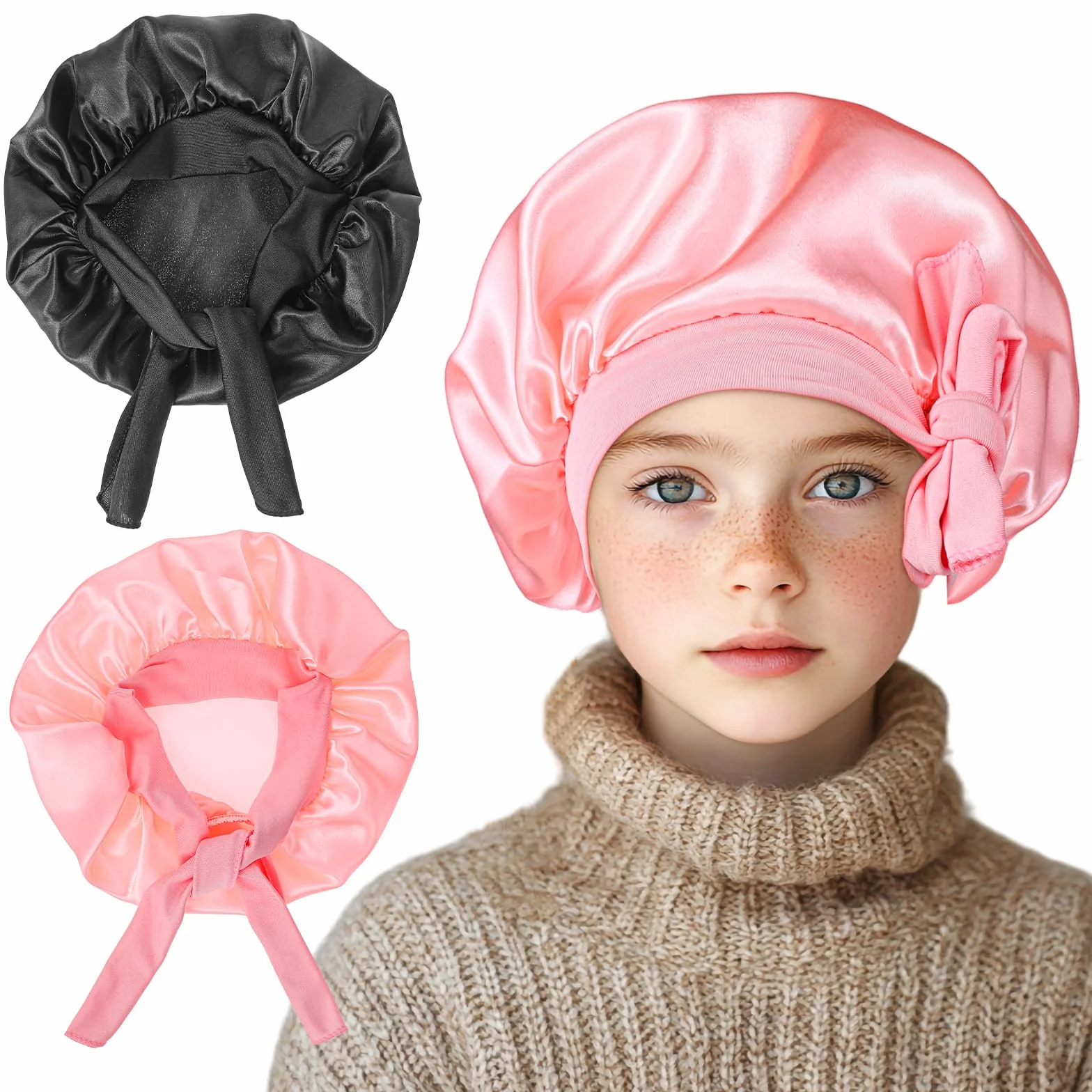Nogeqi Dziecięcy jedwabny czepek do spania Bonnet, elastyczny, obciążający, jedwabny czepek do spania, oddychający, satynowy, dwuwarstwowy, do pielęgnacji włosów, dla chłopców i dziewczynek, 2 sztuki